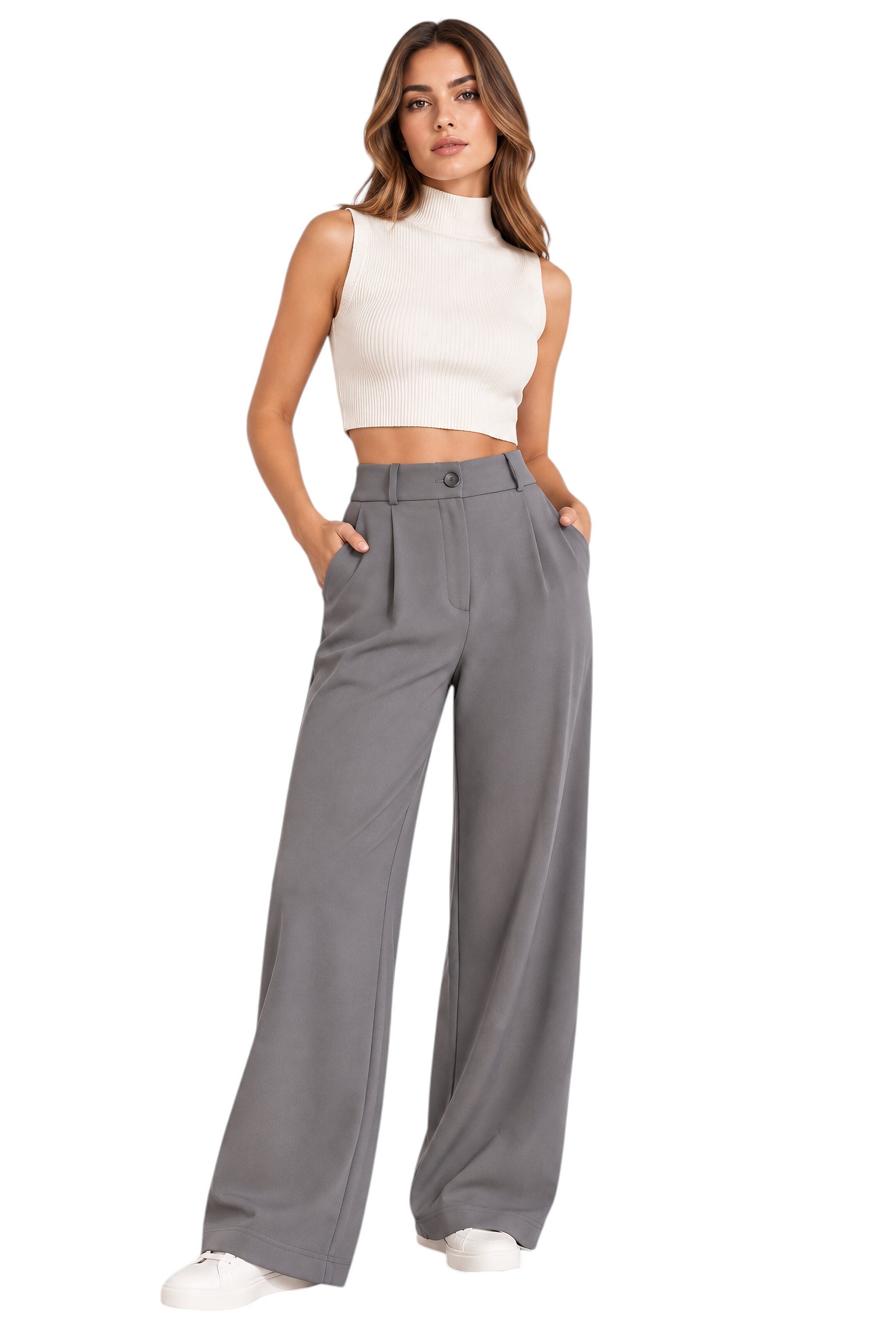 fashionshowcase Palazzohose Stoffhose Marlenehose mit elastischem High-Waist-Bund und weitem Bein Bundfalten, komfortabler Stretchbund, vielseitiger Business-Look