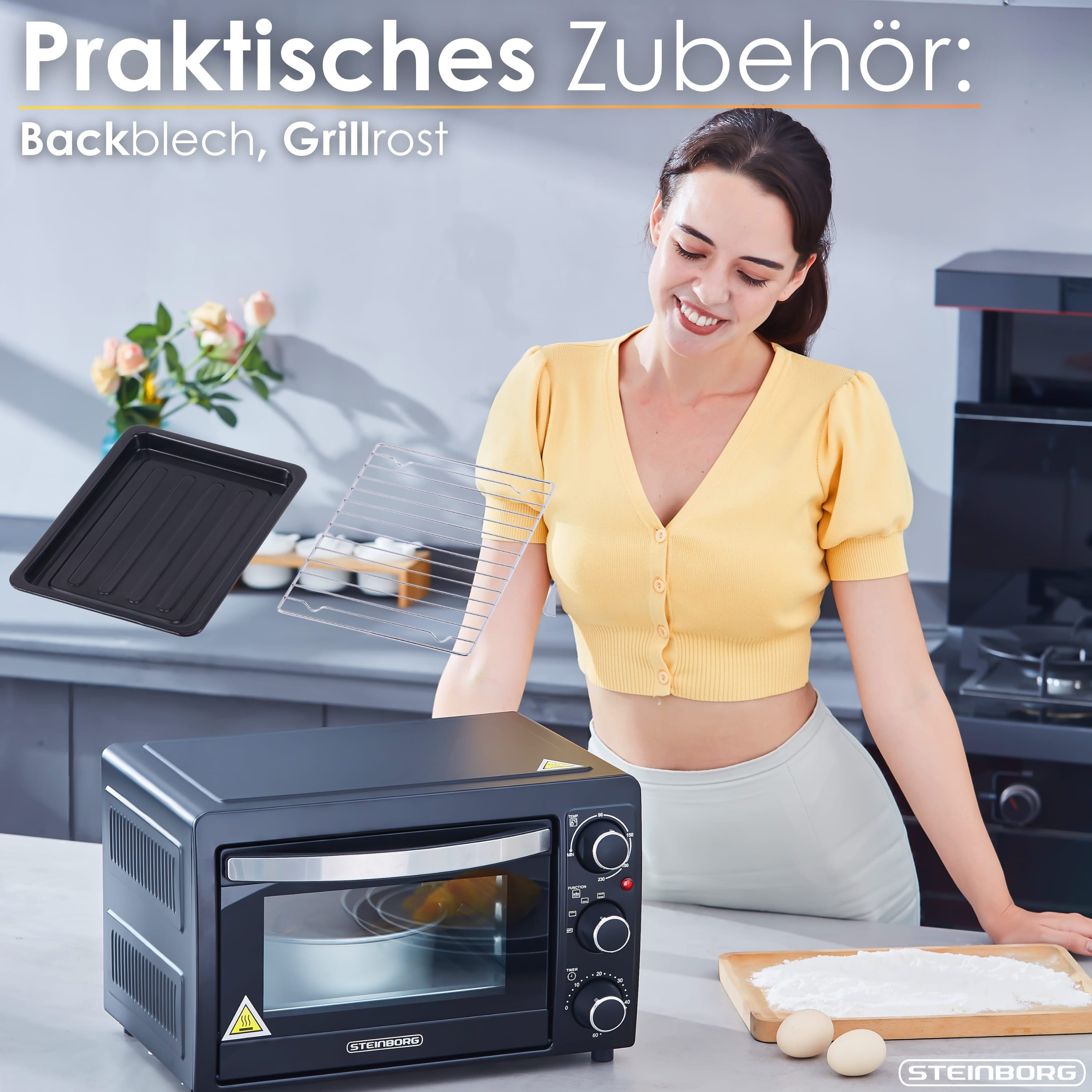 STEINBORG Minibackofen SB-3015, 15 Liter, mit Krümelblech, 1300 Watt