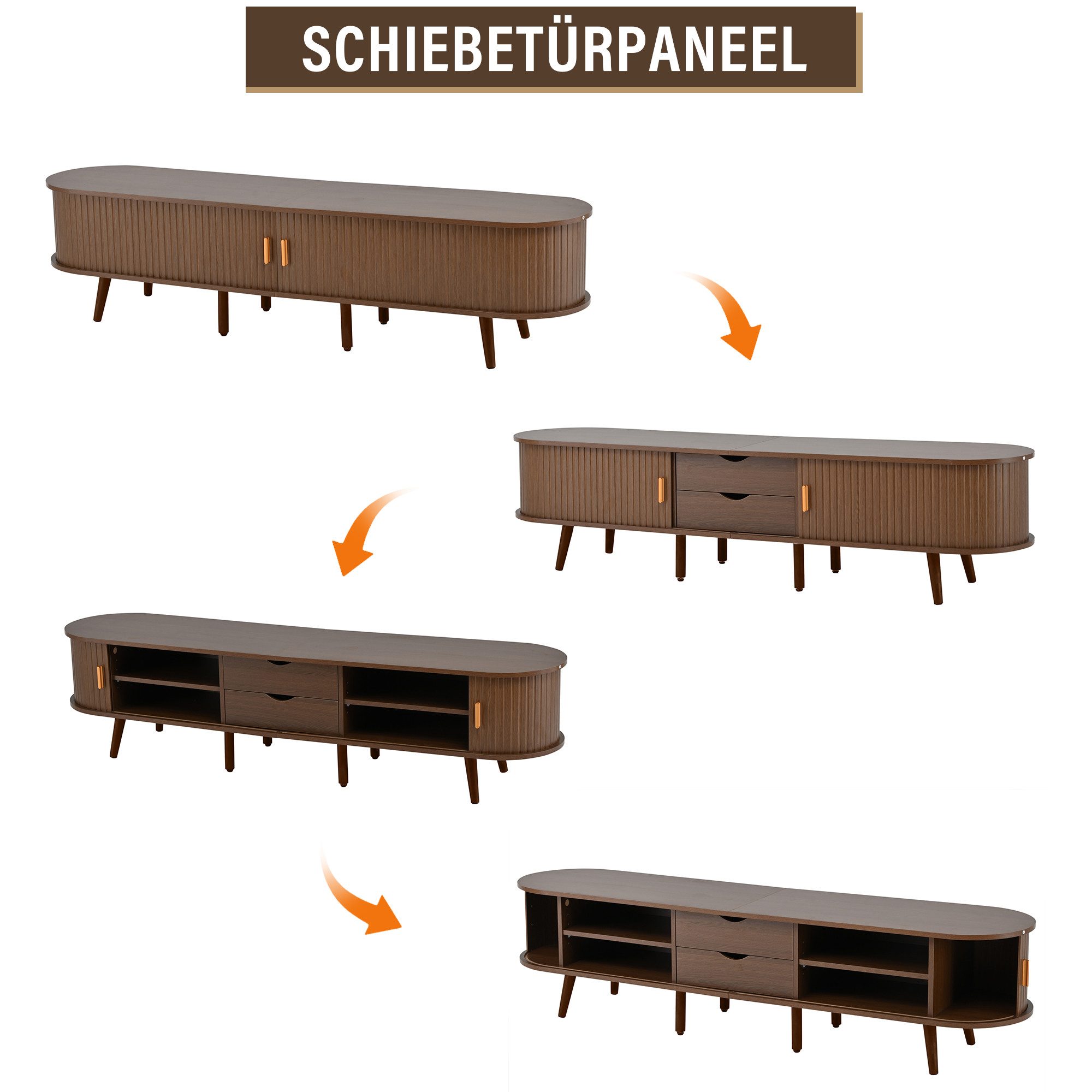 Merax Lowboard mit Massivholzfüßen, Ovaler Fernsehschrank (1 St., 175x40x42 cm), TV-Schrank mit 2 Schubladen, Schiebetüren & verstellbaren Trennwänden – Bild 4 von 5