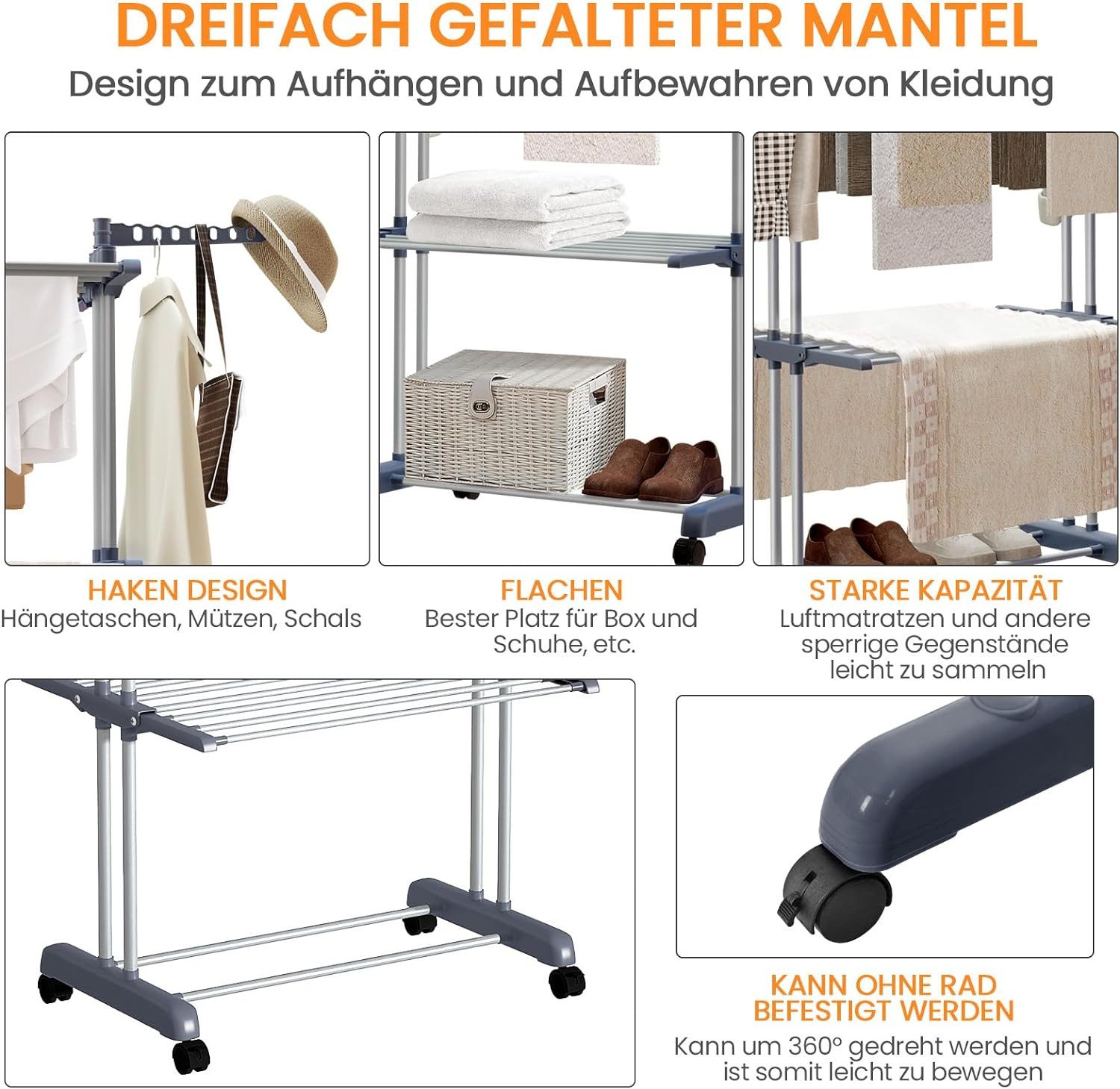 Youyijia Wäscheständer Wäscheständer mit 6 Klappbare Flügel und 2 Drehbar Seitenflügel – Bild 4 von 5