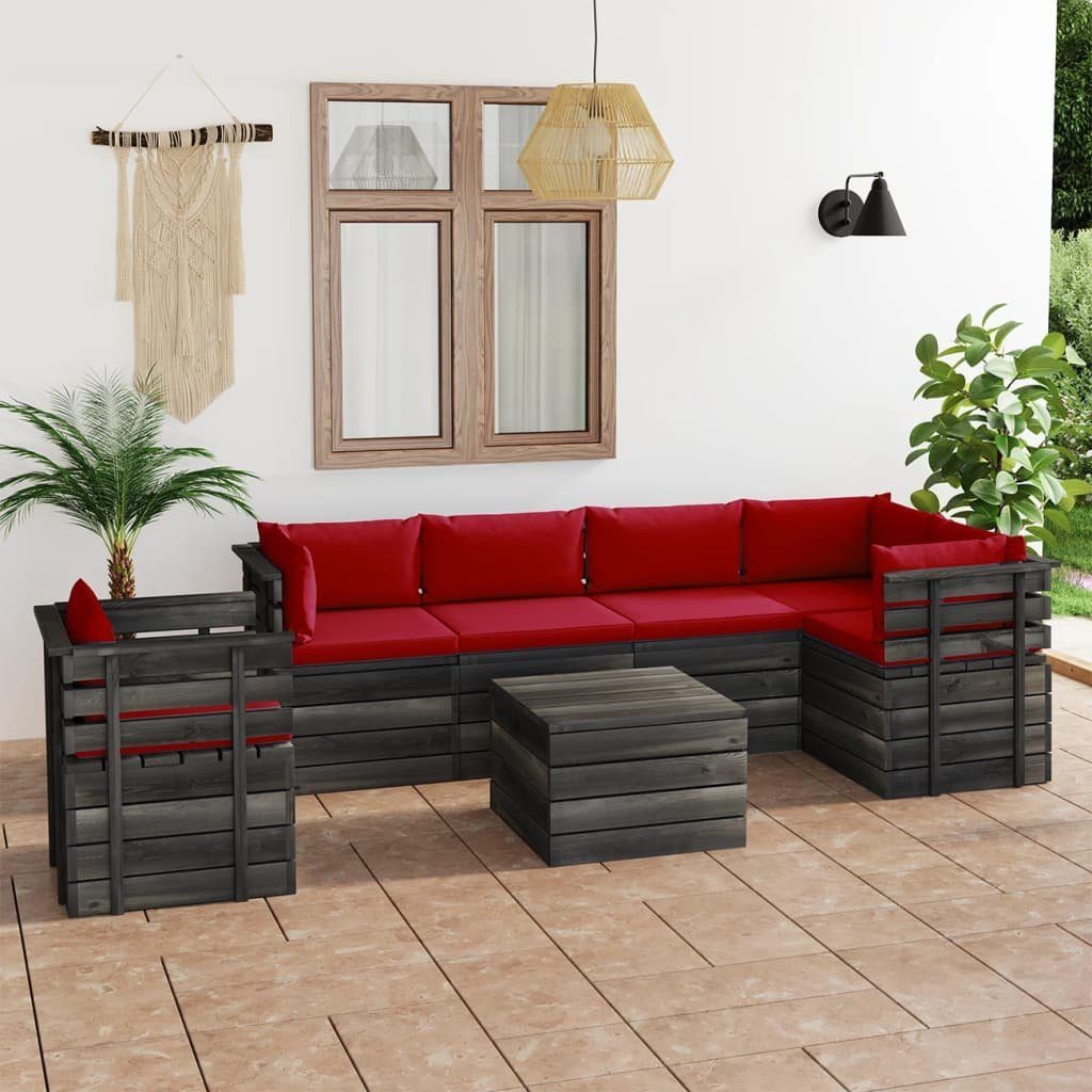 Gartenlounge-Set mit aus (7-tlg) Rot Garten-Sofagarnitur 7-tlg. Kissen Kiefernholz, vidaXL Paletten