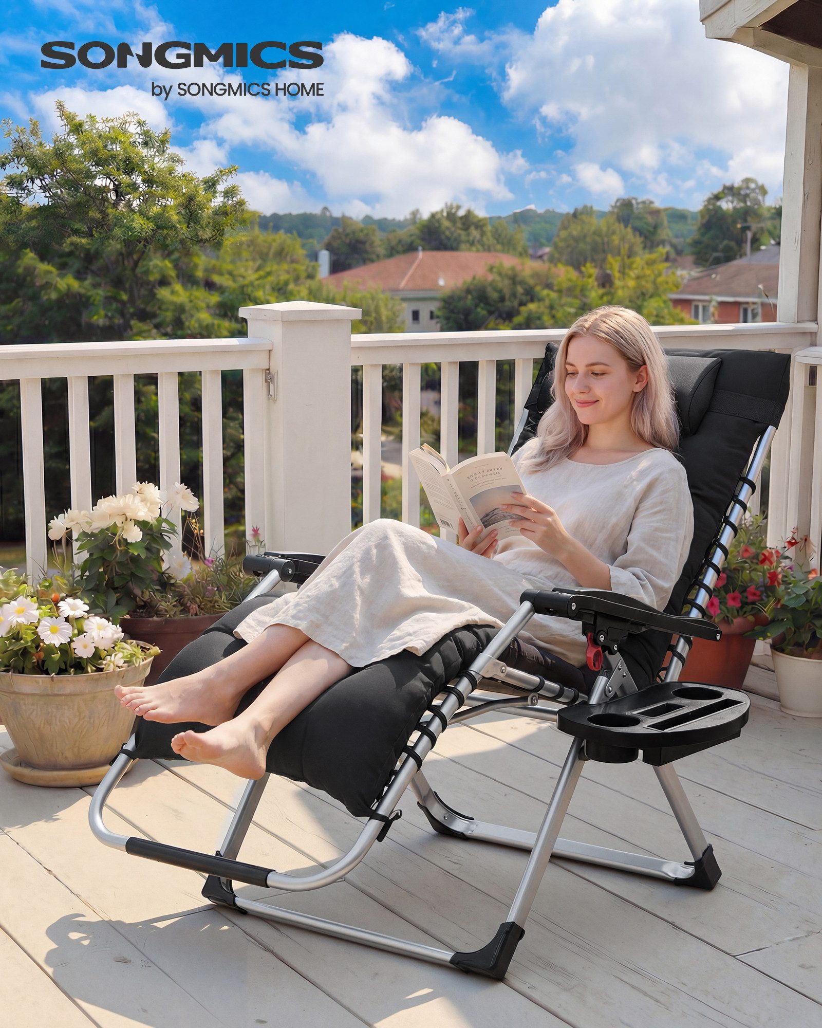 SONGMICS Gartenliege, Stufenlos einstellbare Relaxliege, mit abnehmbarem Kissen, Stahlrahmen