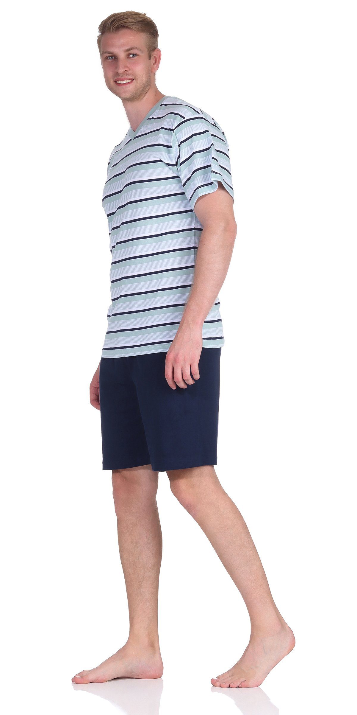 V-Ausschnitt 100% Herren Shorty Baumwolle Moonline mit Kurzarm Shorty Single-Jersey Aqua Schlafanzug