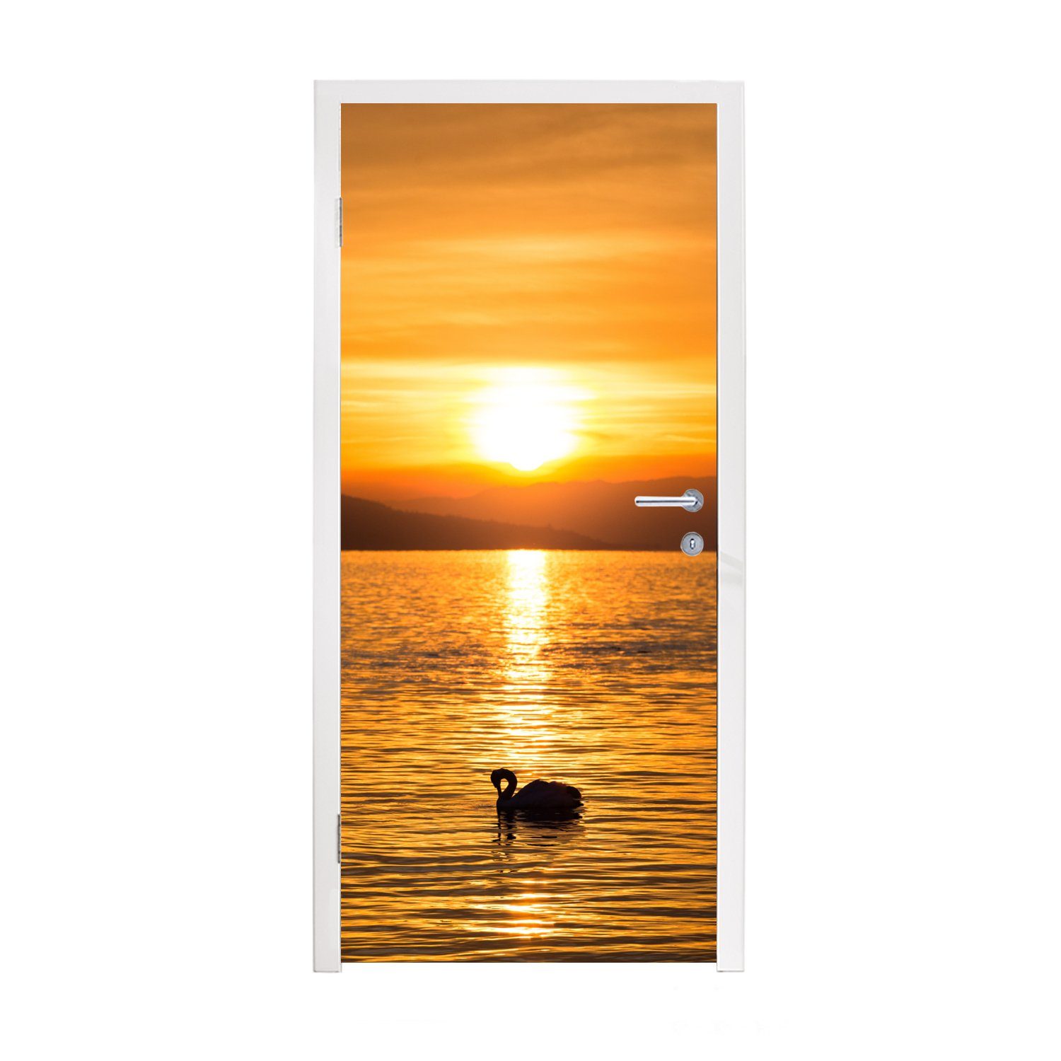 - Gold, Türtapete Sonnenuntergang Schwan bedruckt, Türaufkleber, (1 Matt, Tür, cm - MuchoWow 75x205 für Fototapete St),