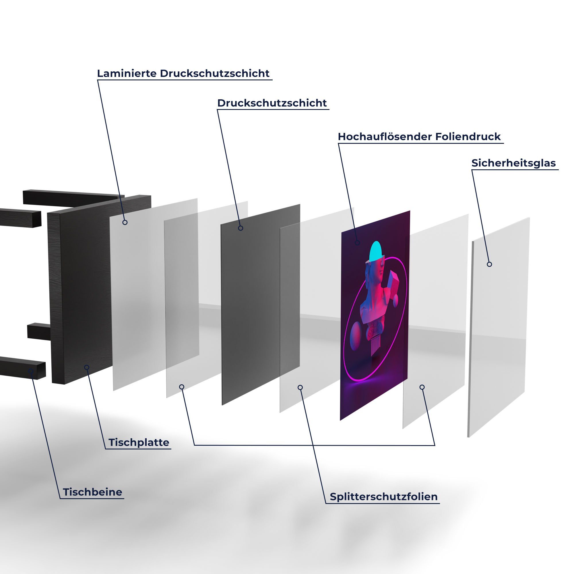 Couchtisch Glas Beistelltisch modern Glastisch 'Collage DEQORI Büste', Schwarz mit