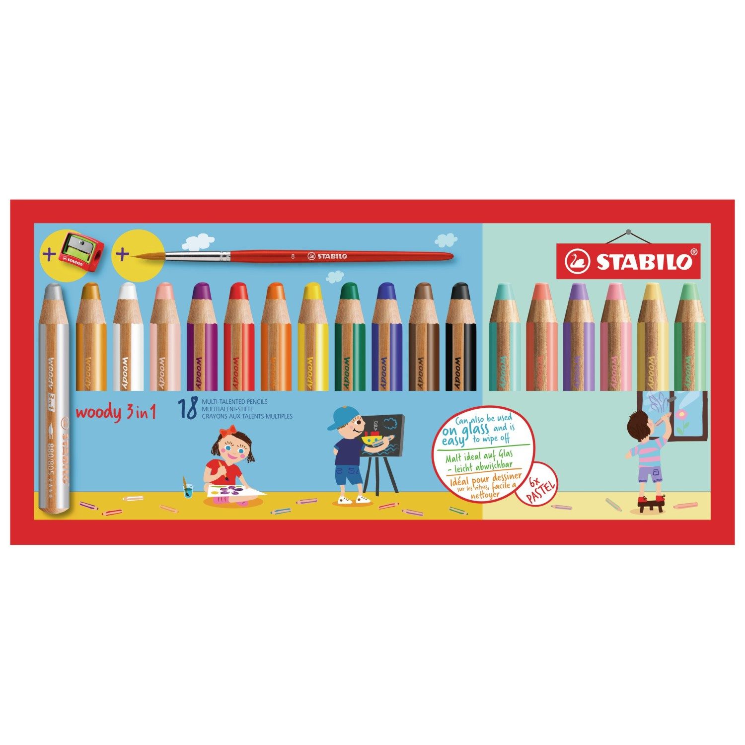 STABILO Wachsmalstift Buntstift Woody 3 in 1 / 12 Standard- & 6 Pastellfarben mit Spitzer, (20-tlg)