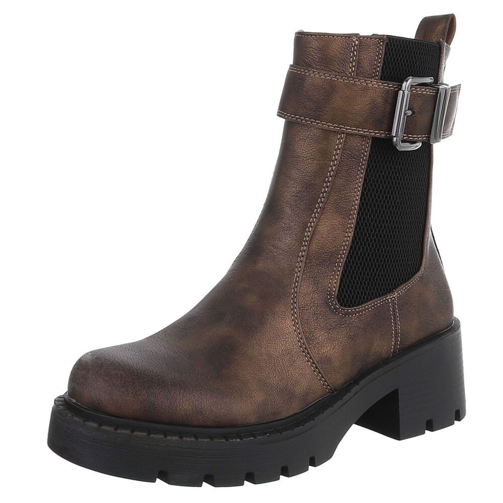 Ital-Design Moderne Stiefeletten mit Schnalle und elastischem Einsatz Plateaustiefelette (90726951) Blockabsatz Stiefeletten in Camel