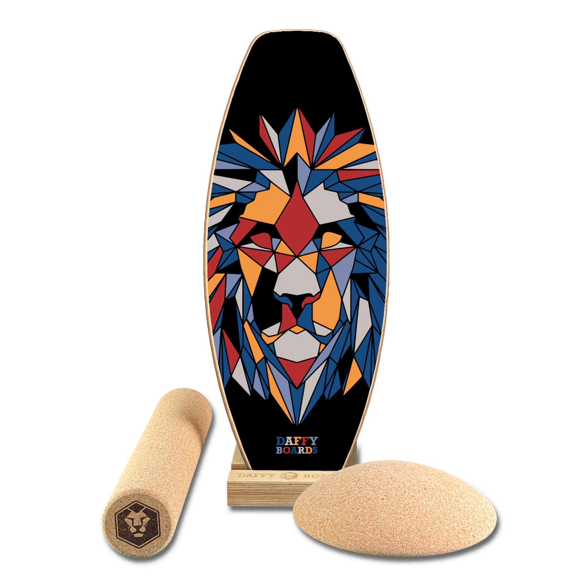 Daffy Boards Balanceboard + Rolle + Kork-Halbkugel + Ständer, Design Fractal Lion