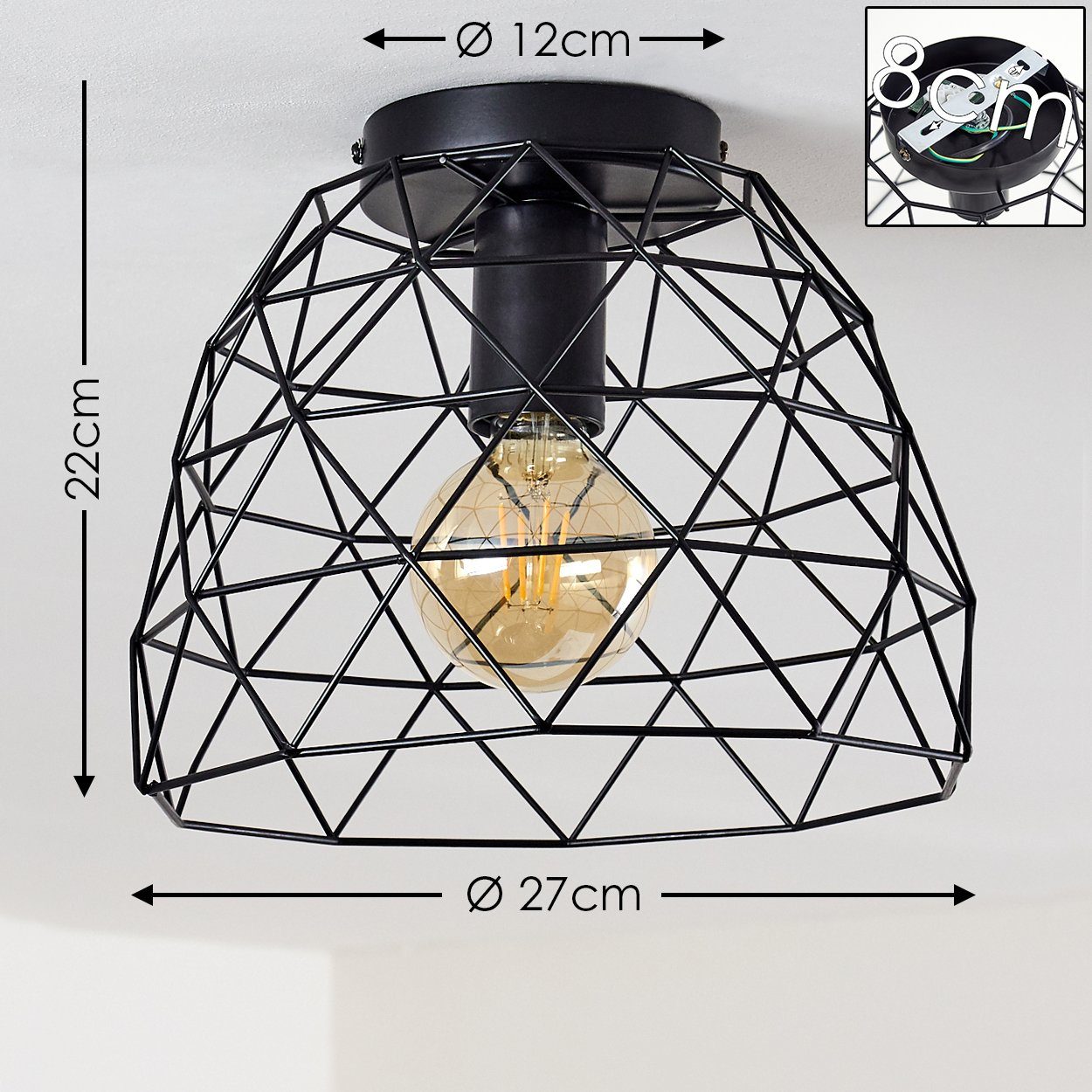 Schwarz, runde Deckenlampe E27, Gitter-Optik Retro-Leuchte Metall »Thiene« Leuchtmittel, aus Lichteffekt hofstein Deckenleuchte ohne in durch mit