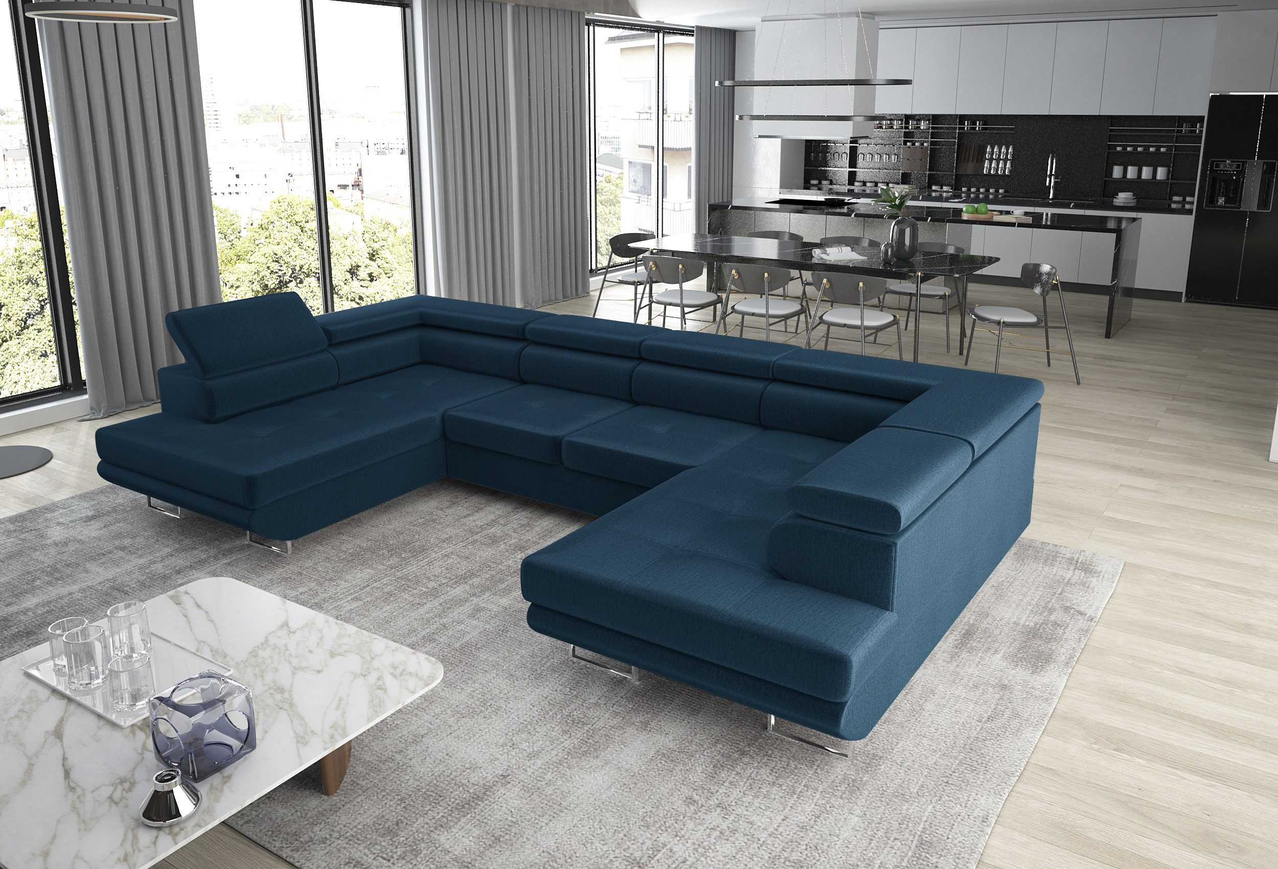 thematys Ecksofa Aston U 403 x 203cm mit Schlaffunktion & Bettkasten –, U-Sofa mit verstellbaren Kopfstützen, Samt (Monolotith), oder Cord (Poso), - U-Form, XL-Wohnlandschaft, 390 cm breit