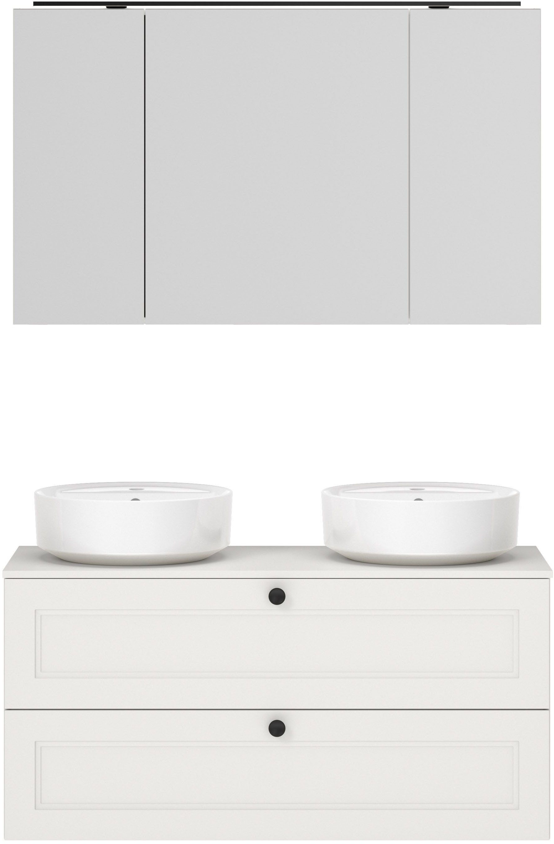 nobilia® Badmöbel-Set Cascada, (Set, 4-St., inkl. 2 Aufsatzwaschbecken und Spiegelschrank mit Beleuchtung), vormontiert, mit Soft-Close, Breite 120 cm