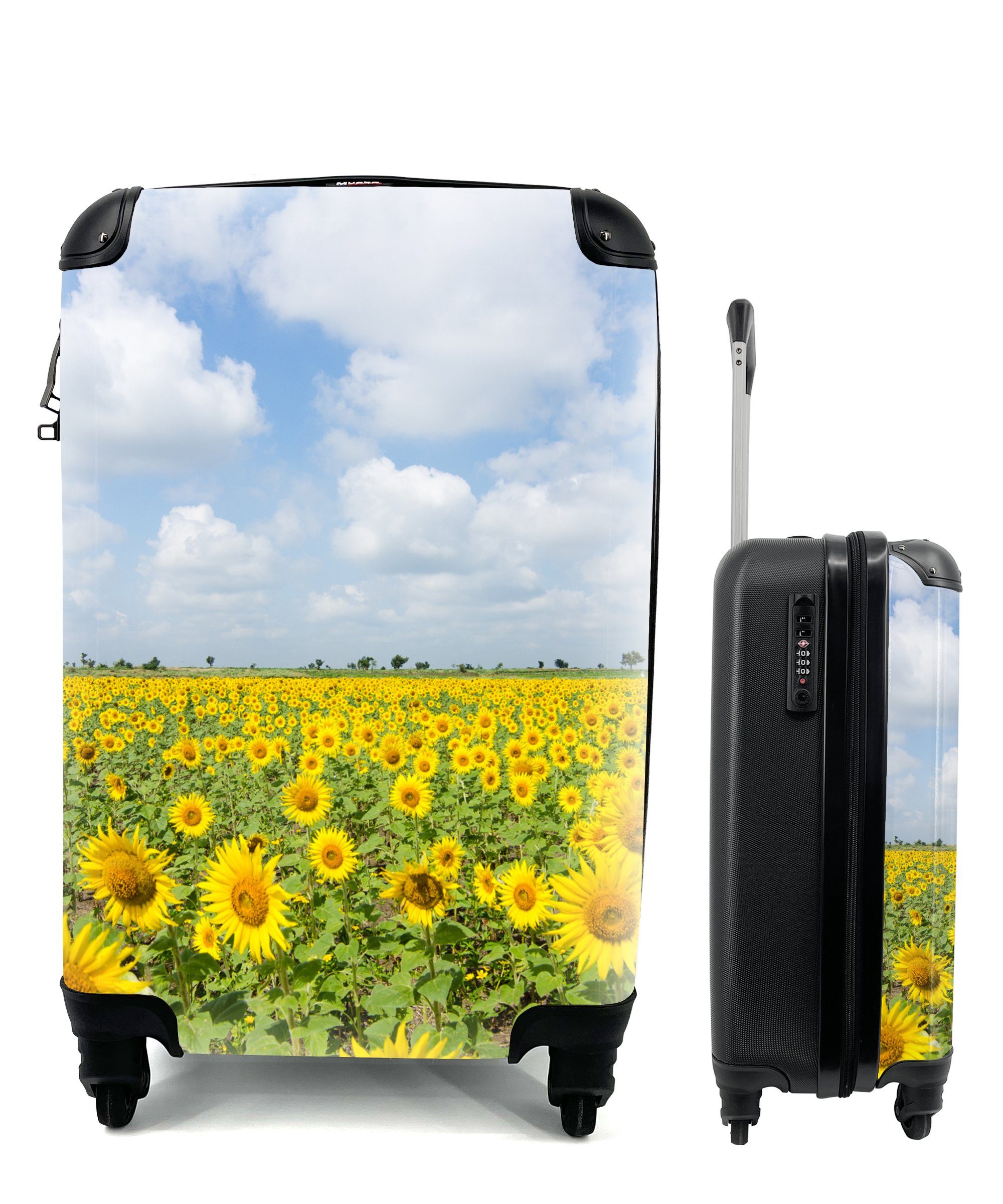 - mit Ferien, Trolley, MuchoWow Landschaft, - Blumen Handgepäck Natur Wolken für Sonnenblumen - Rollen, - Reisekoffer Reisetasche Gelb Handgepäckkoffer rollen, 4 -