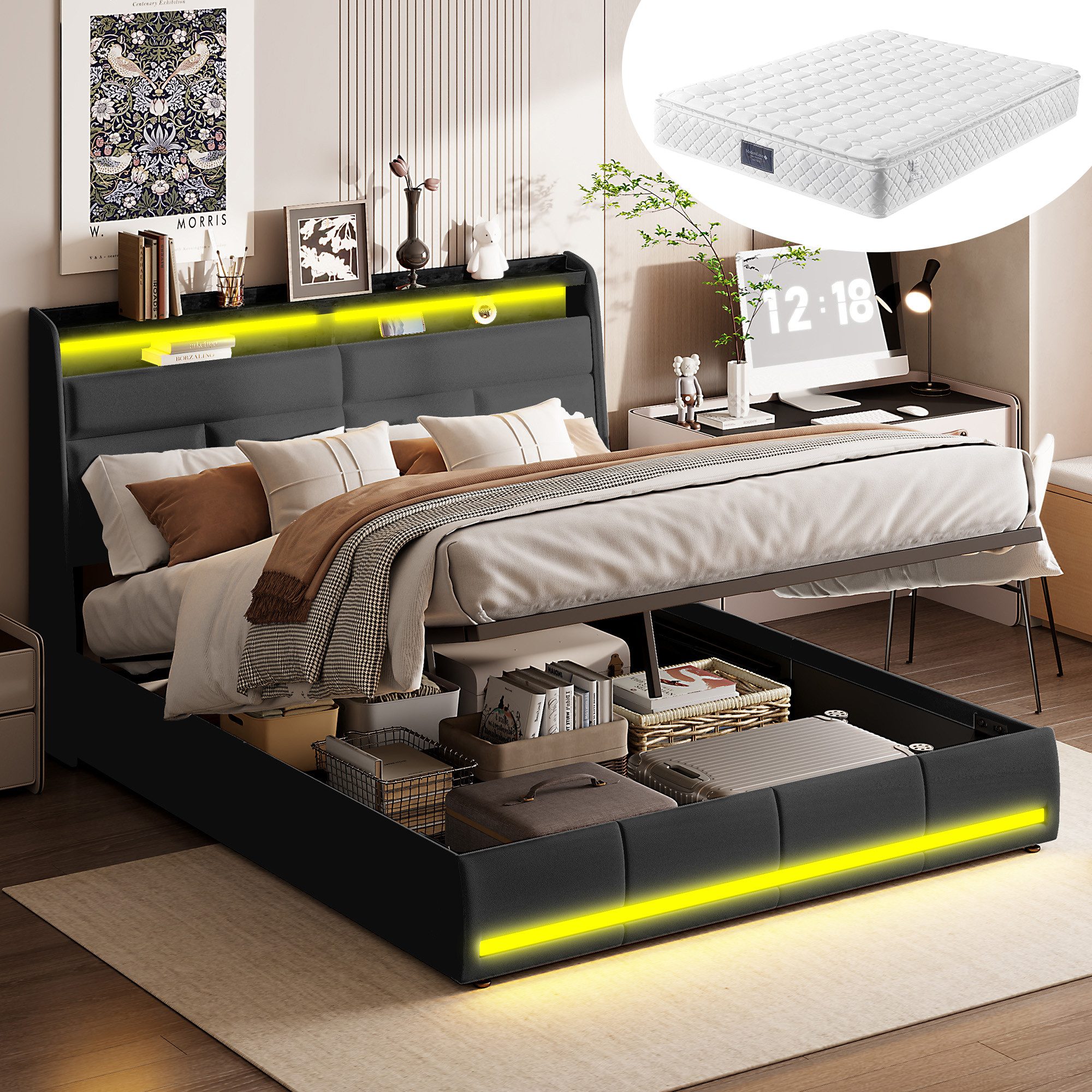 Furnishings Home Polsterbett LED Doppelbett Stauraumbett mit 7-Zonen Federk günstig online kaufen