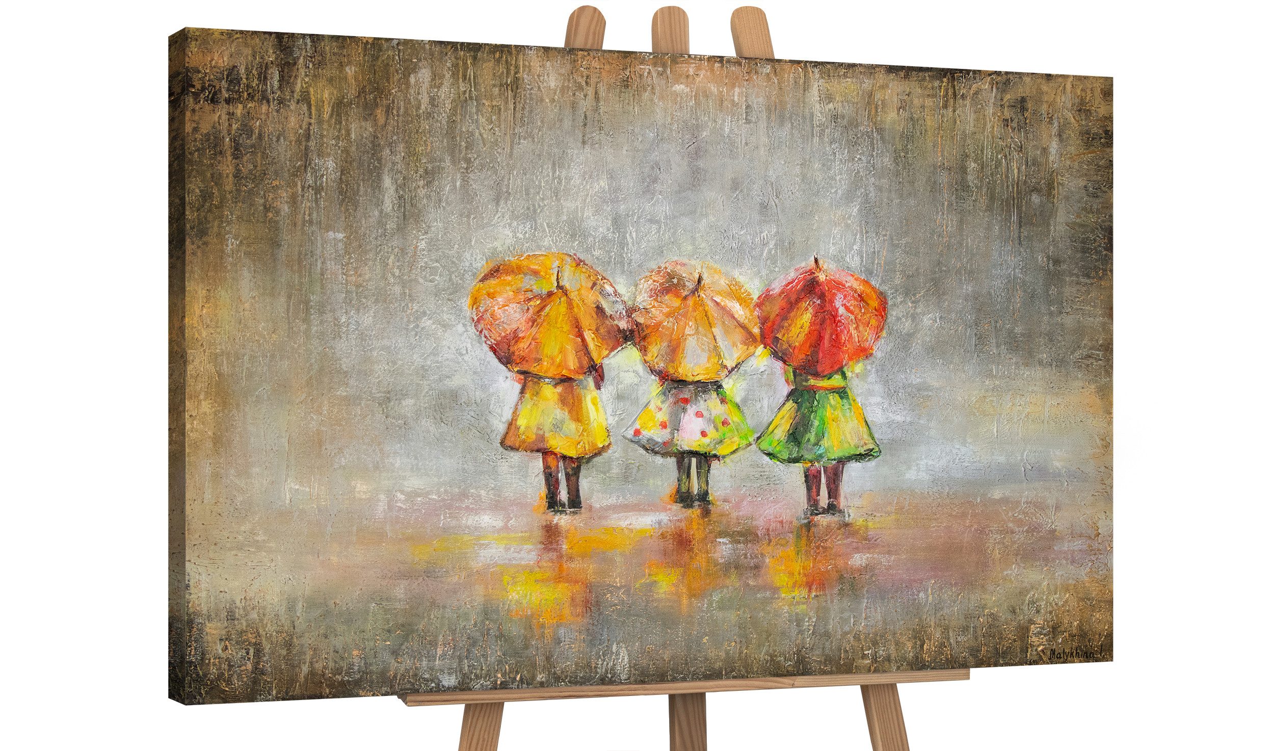 YS-Art Gemälde Sommerregen, Menschen, Kinder mit Regenschirm Leinwand Bild Handgemalt Kinderzimmer