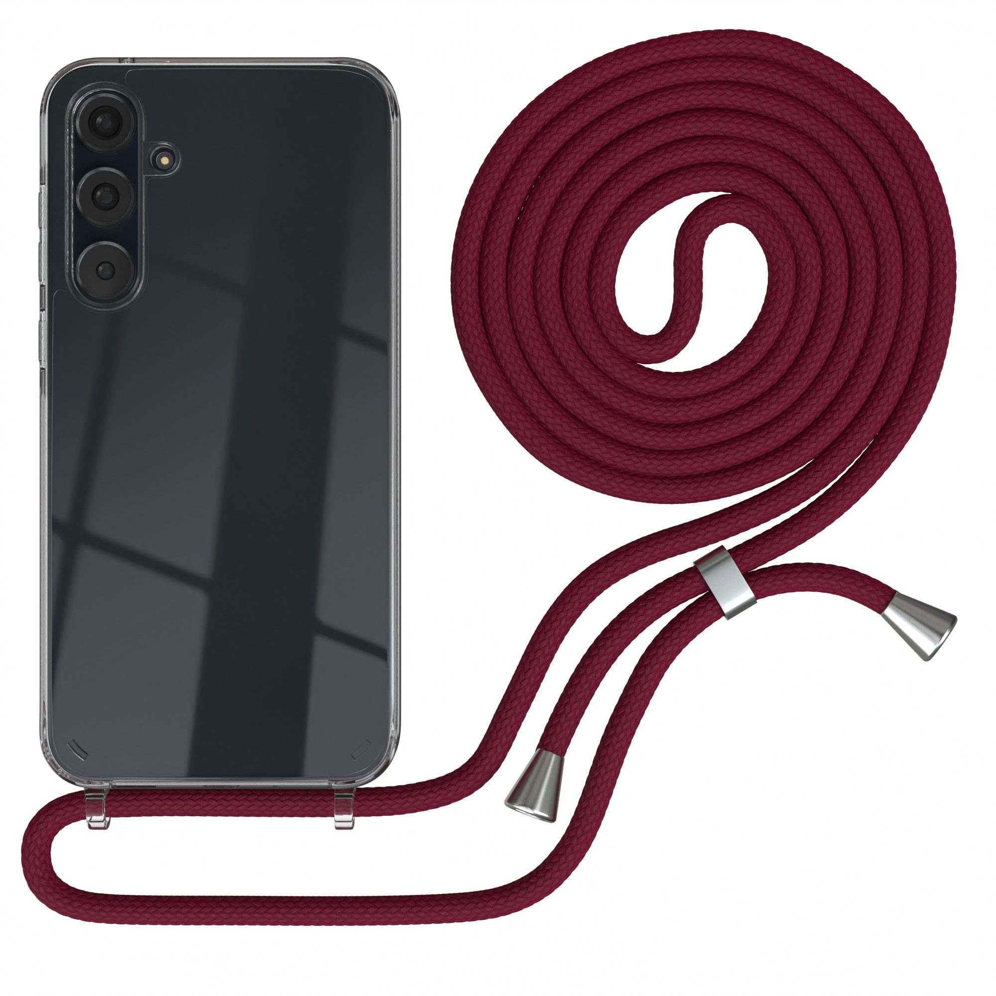 EAZY CASE Handykette Hülle mit Kette für Samsung Galaxy A35 6,6 Zoll, Silikonhülle durchsichtig mit Umhängeband Handytasche Bordeaux Rot