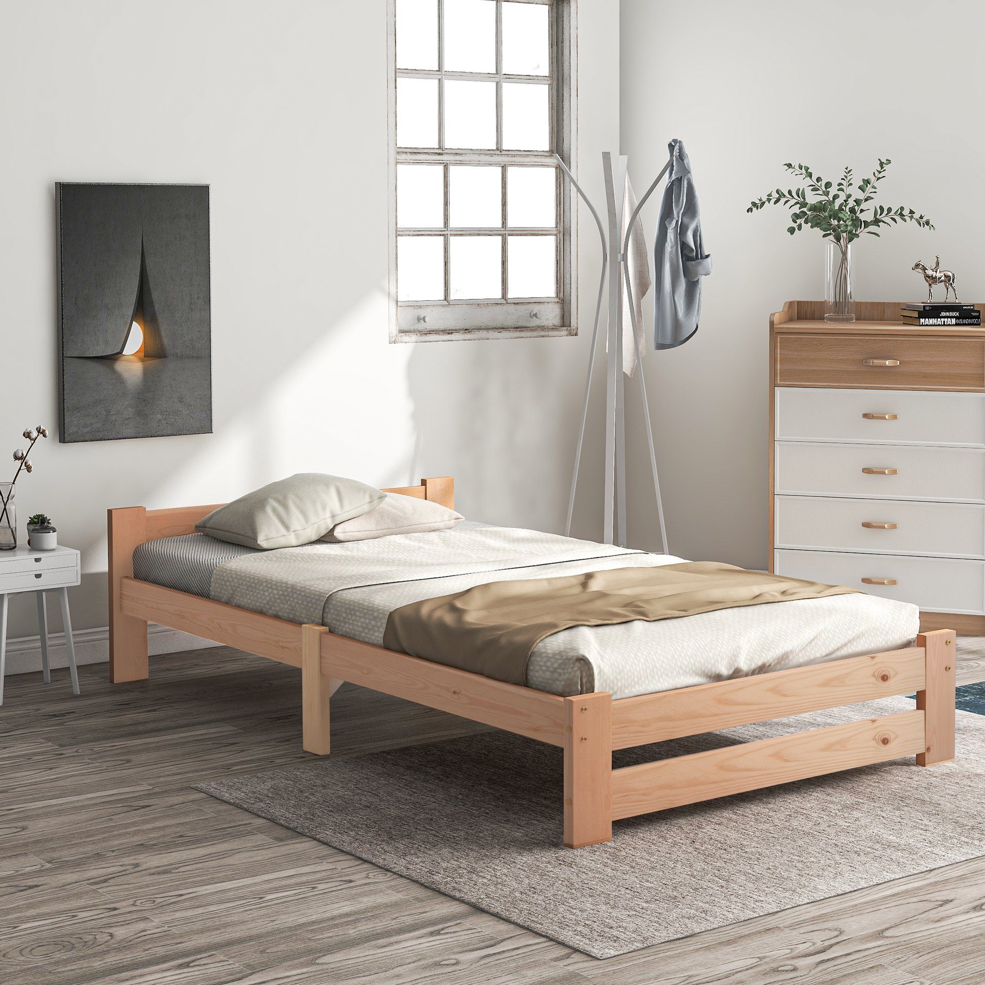 OKWISH Bett Solide Massivholzbett, mit Kopfteil und Lattenrost (200x90cm, Mit Matratzen), Ohne Matratze