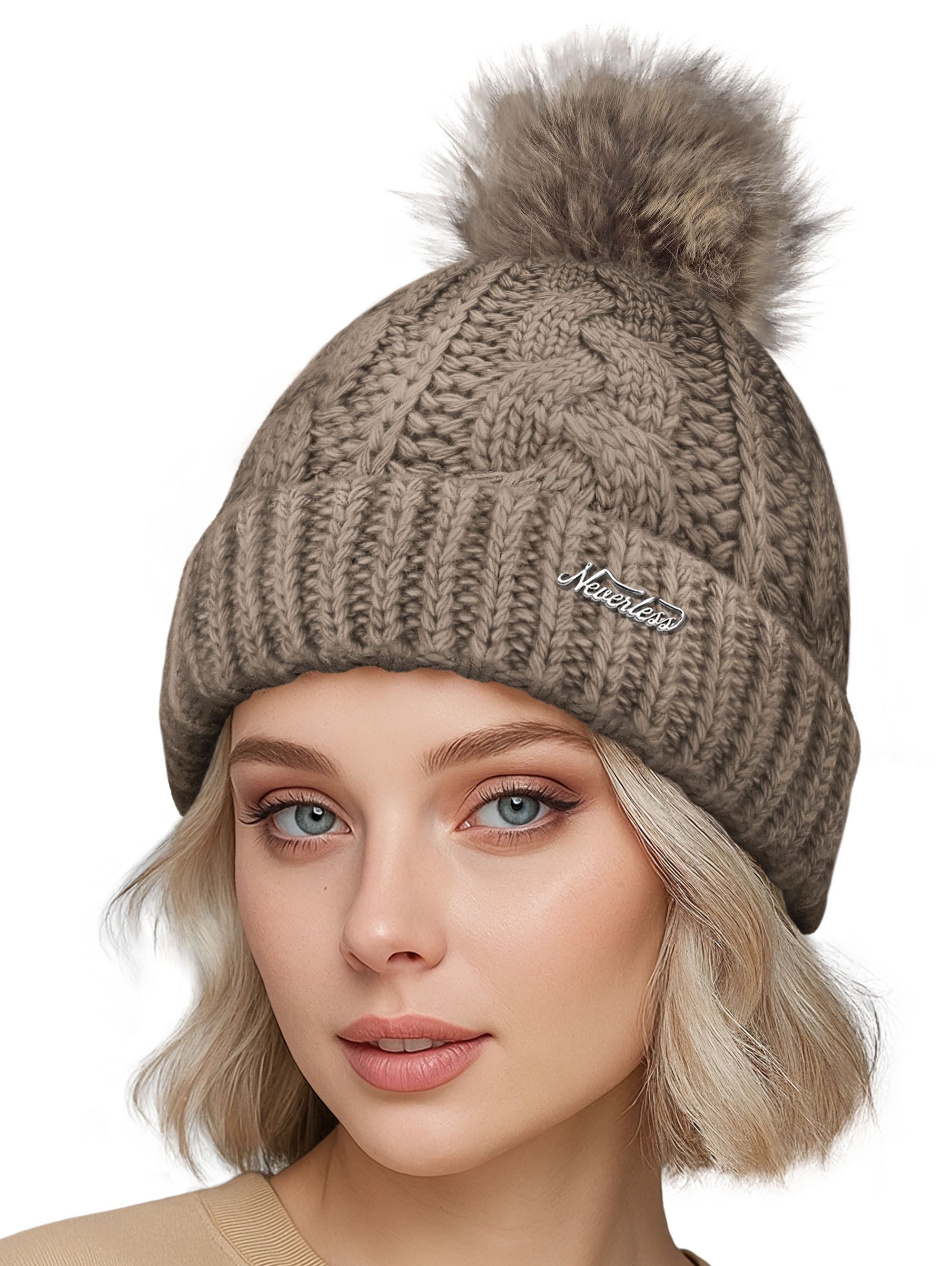 Neverless Bommelmütze Damen Strick-Mütze gefüttert Fell-Bommel Kunstfell Winter-Mütze