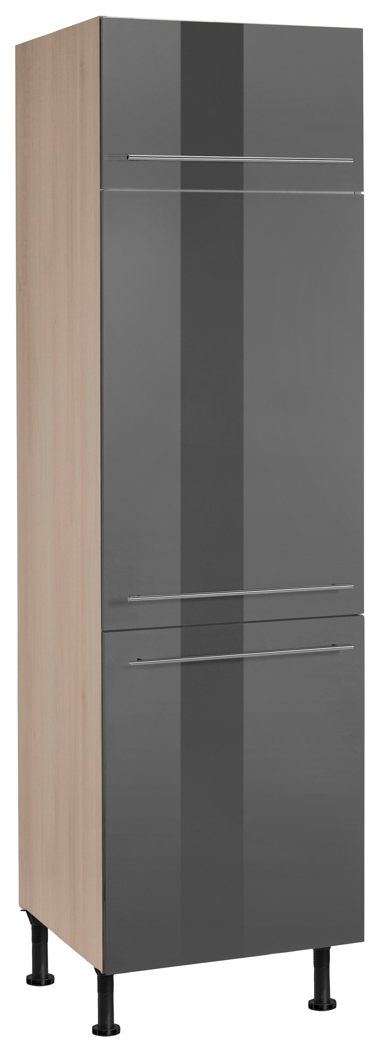 OPTIFIT Kühlumbauschrank Bern 60 cm breit, 212 cm hoch, mit höhenverstellbaren Stellfüßen grau Hochglanz/akaziefarben | akaziefarben