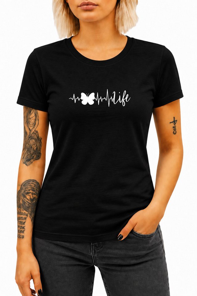 Banco Print-Shirt Damen Schmetterling Herzschlag Life Print Rundhals Kurzarm 100% Baumwolle