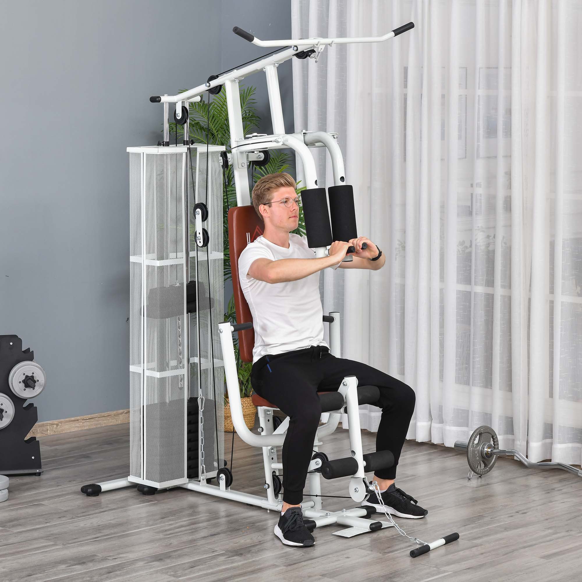 HOMCOM Kraftstation Fitnessstation Fitnessgerät mit Butterflystange und Seil, weiß, 10 Gewichtsblöcke (Beincurl, 1-tlg., Latzug), 150cm x 110cm x 210cm