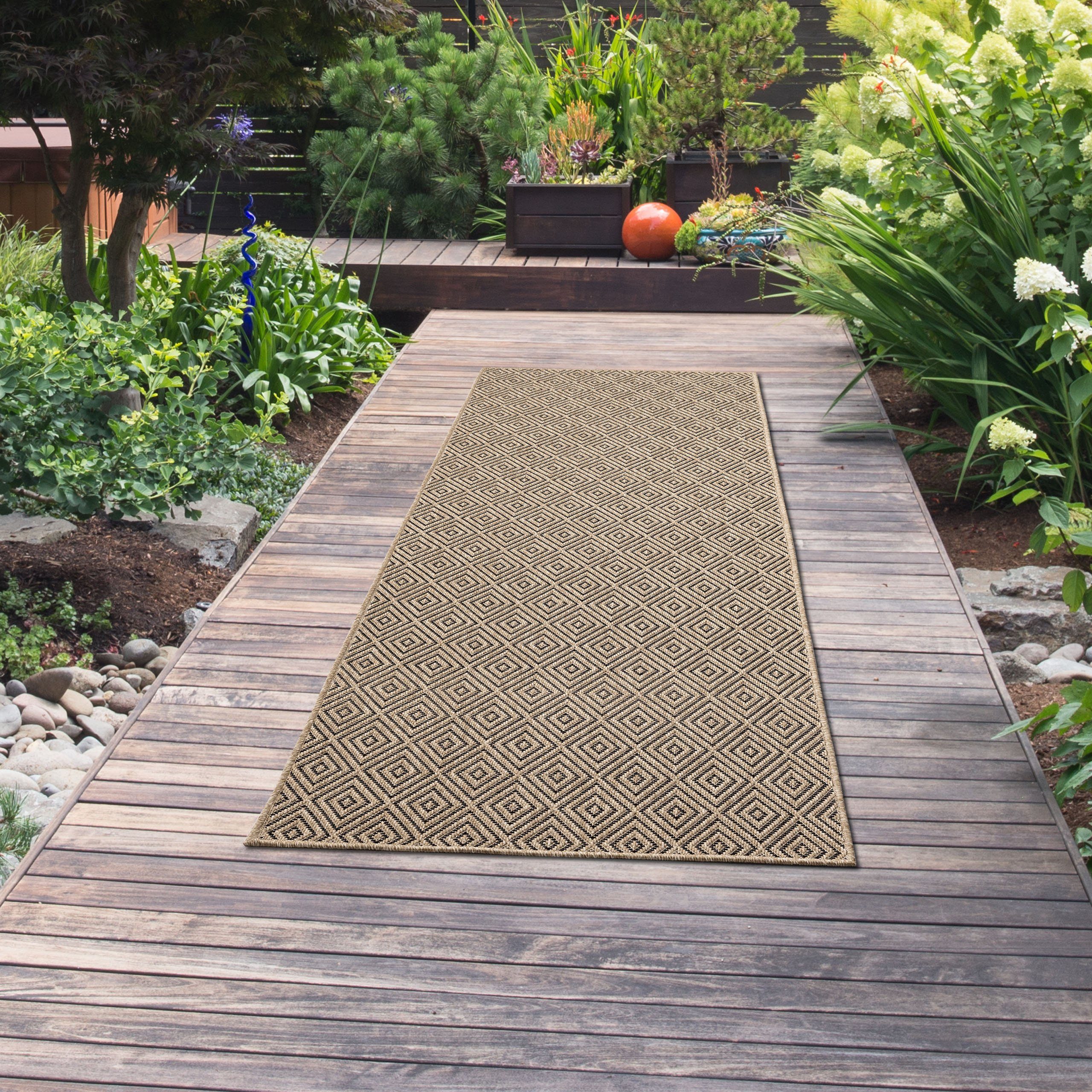 TeppichHome24 Outdoorteppich In- und Outdoorteppich mit Rautenmuster beige/schwarz, Rechteckig – Bild 3 von 5