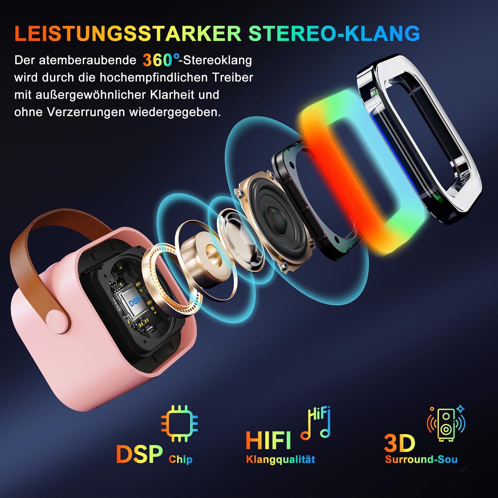 MOPUEA Karaoke-Maschine mit 2 kabellosen Mikrofonen, Mini-Karaoke-Set Bluetooth-Lautsprecher (Bluetooth, 5 W, Partygeschenk, tragbar, Geschenke)