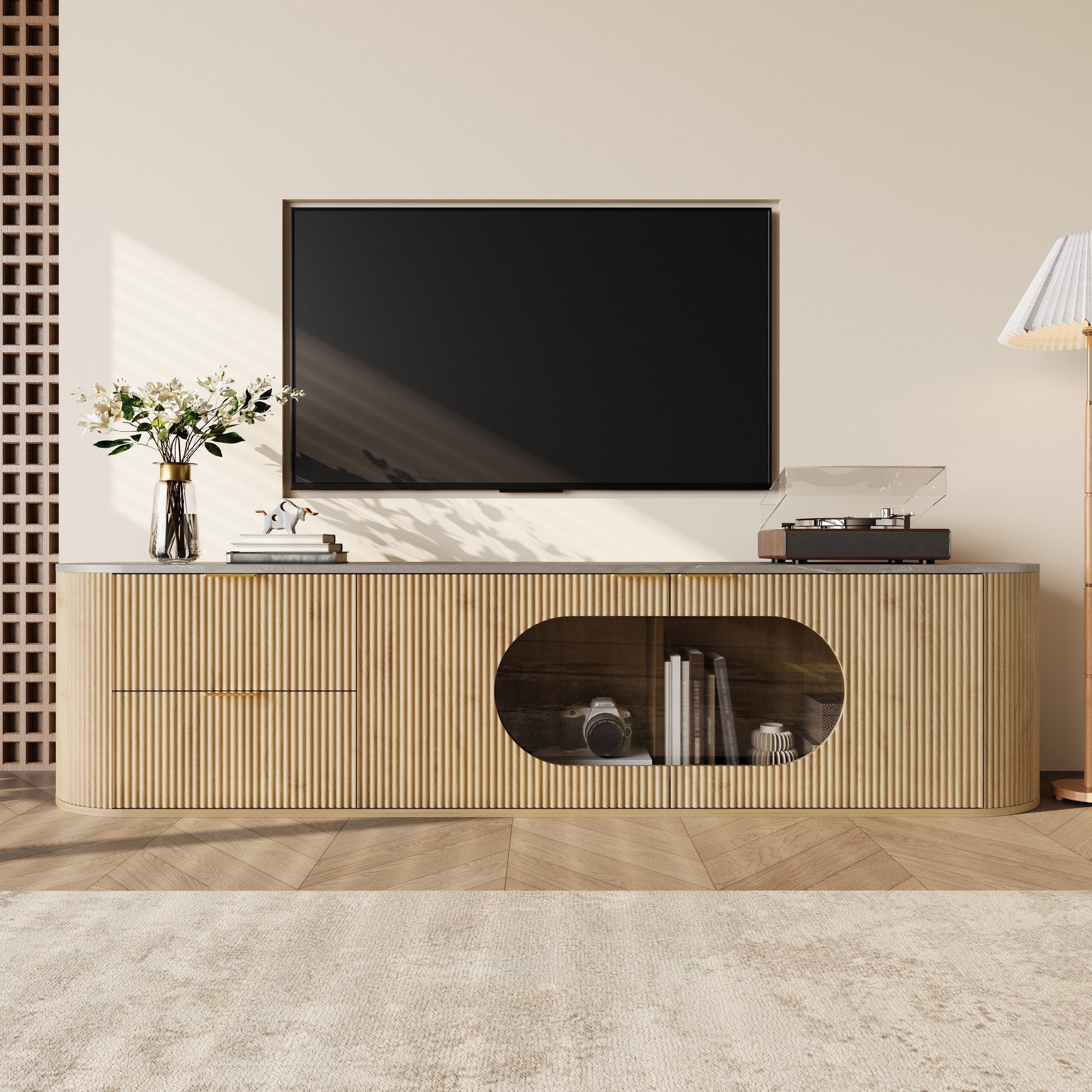 Odikalo Lowboard TV-Schrank mit Schubladen vertikalen 3D-Streifen, Holzoptik (Schranktüren mit vertikalen 3D-Streifen, Ovaler Vitrinenschrank aus grauem Glas, M – Bild 3 von 5