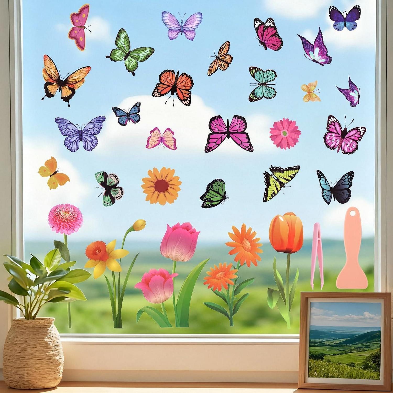 LuxusKollektion Fensterbild Fensteraufkleber Vogel Blumen 9er Set