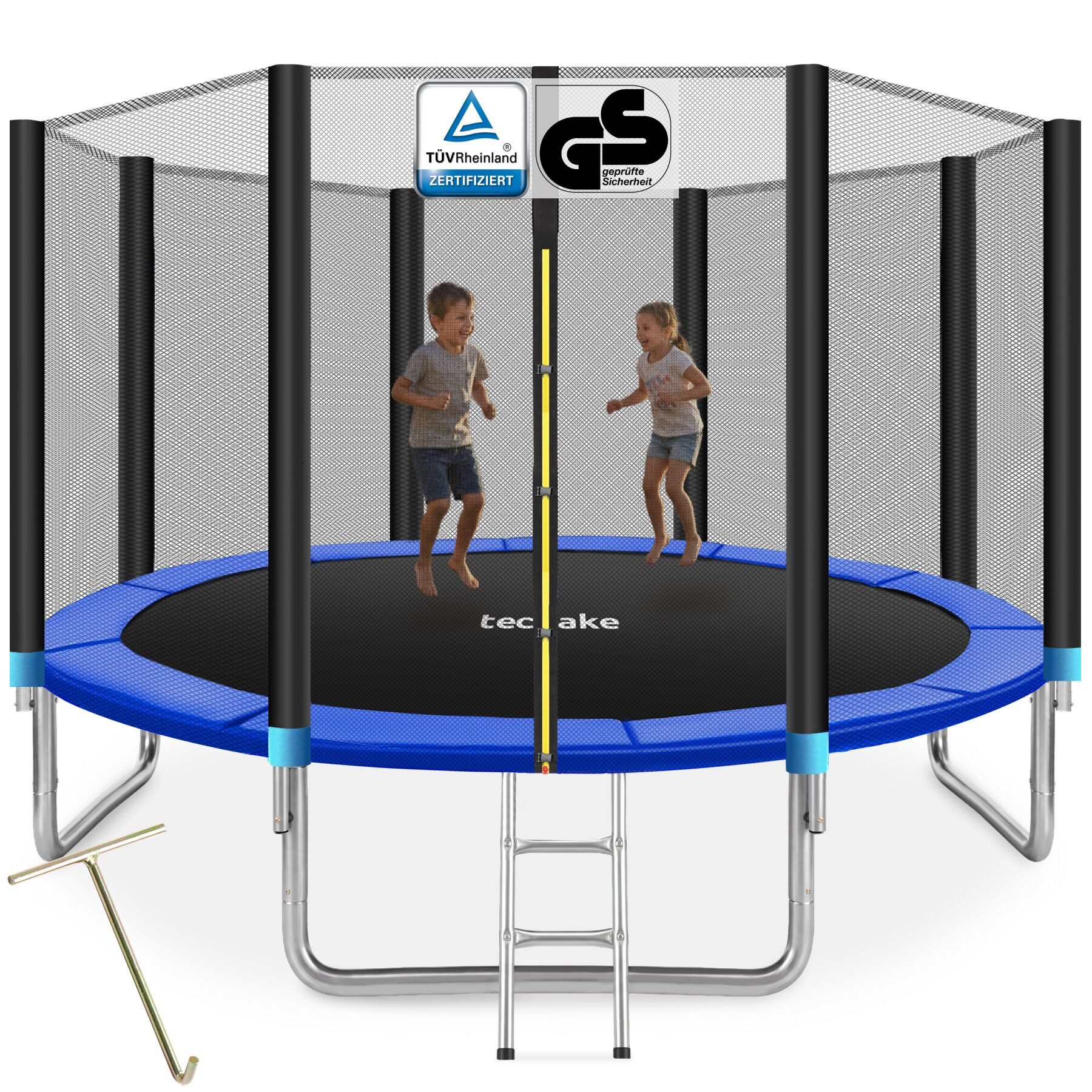 tectake Gartentrampolin Kindertrampolin mit Einstiegsleiter und Sicherheitsnetz Ø 396 cm, (Outdoortrampolin Garfunky, in schwarz/blau), GS zertifiziert, Randabdeckung, reißfestes Sprungtuch