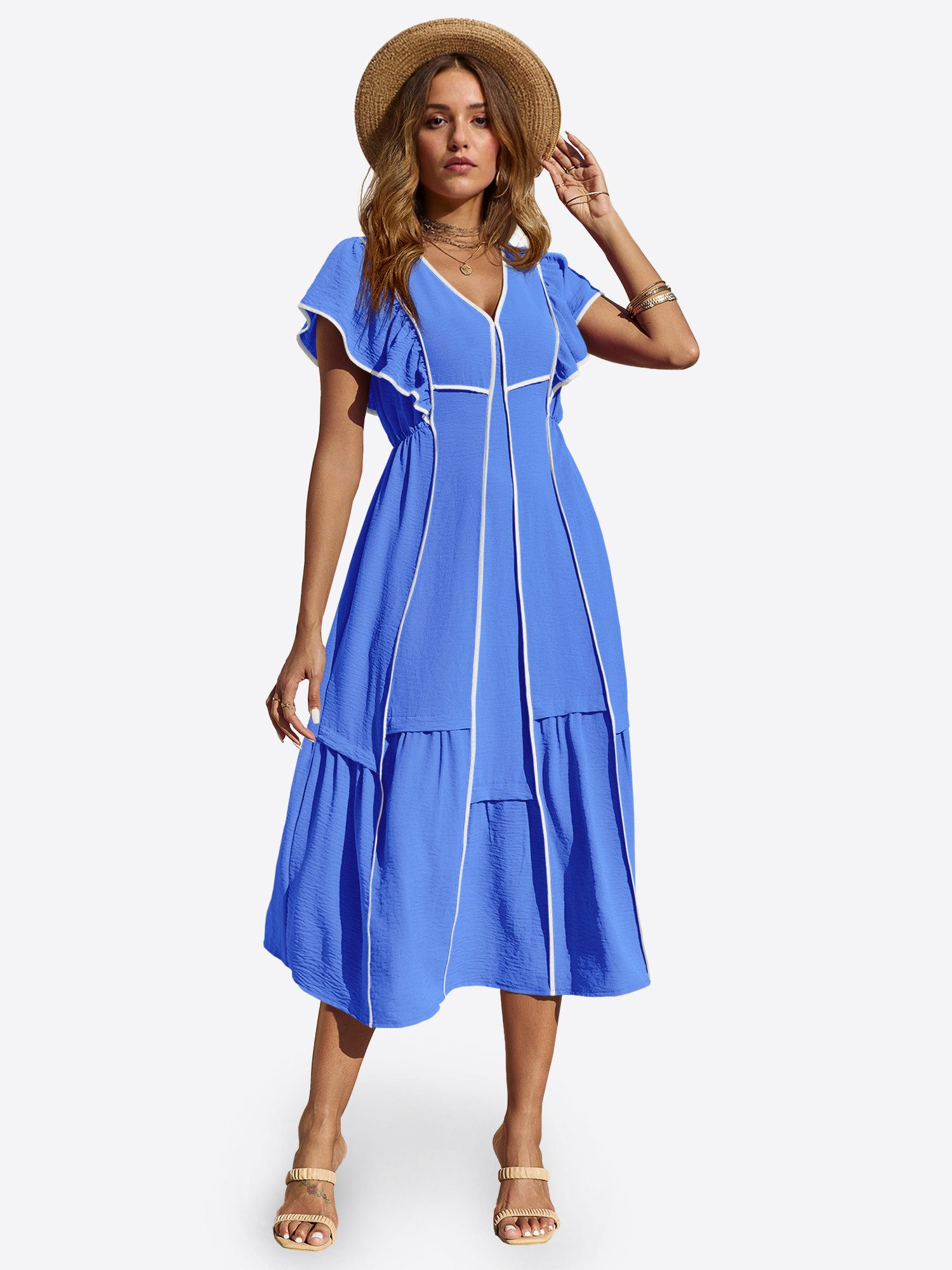 Imily Bela Maxikleid Damen Langkleid mit Rüschen im fließenden Stil (Packung, 1-tlg., 1per-Pack) kontrastfarben