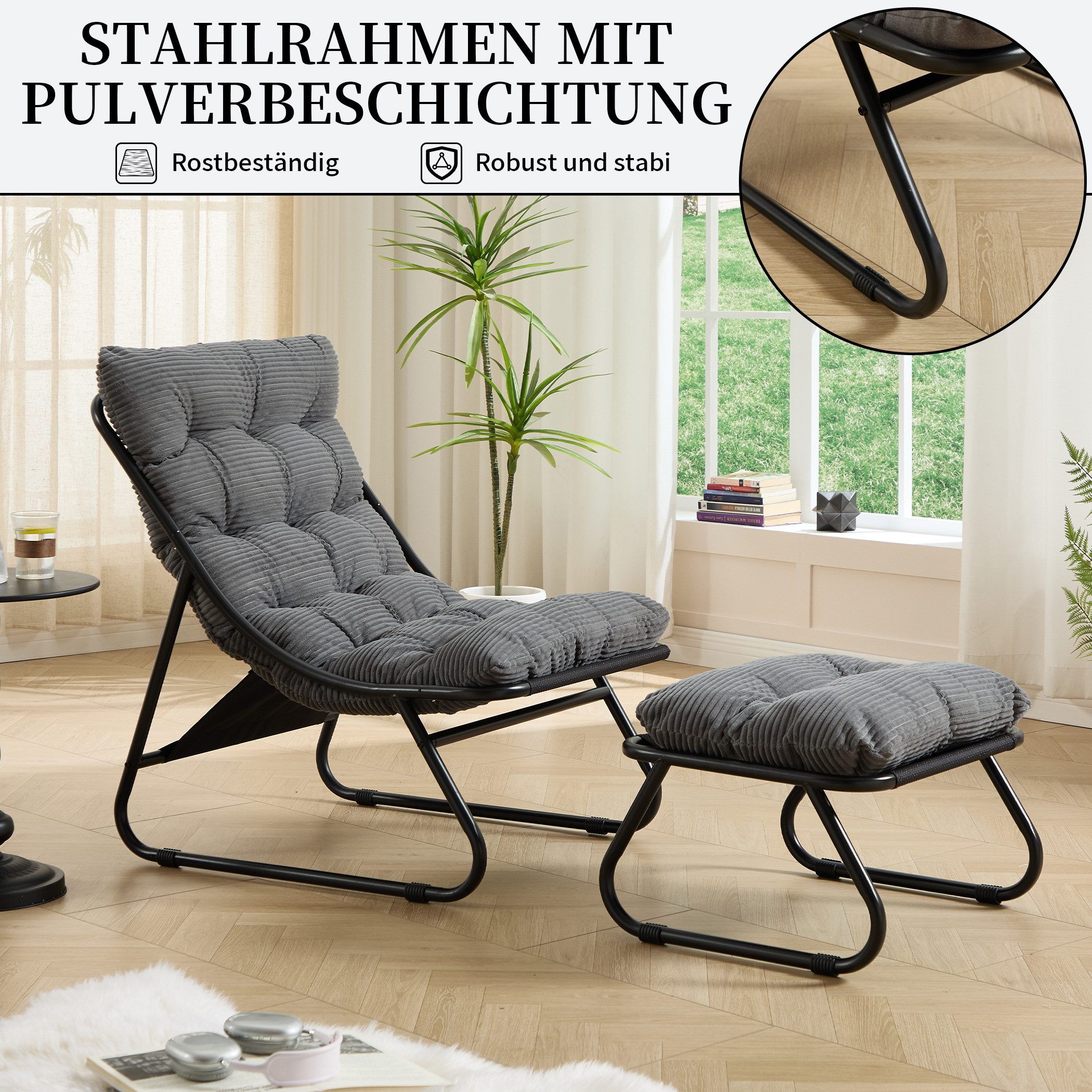 SeedWave Loungesessel mit Ottoman Liegestuhl Stahlgestell Gartenstuhl mit Trennbaren Pölster (bestehend aus Sessel und Hocker), Outdoor Terrassenstuhl für Garten usw. Außenbereich