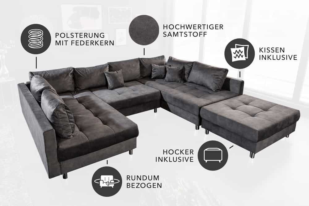 riess-ambiente Wohnlandschaft KENT 305cm grau/silber – Samt, U-Form, mit Kissen & Hocker, Einzelartikel 1 Teile, großes Bigsofa mit Hocker & Federkern – ideal f – Bild 4 von 5
