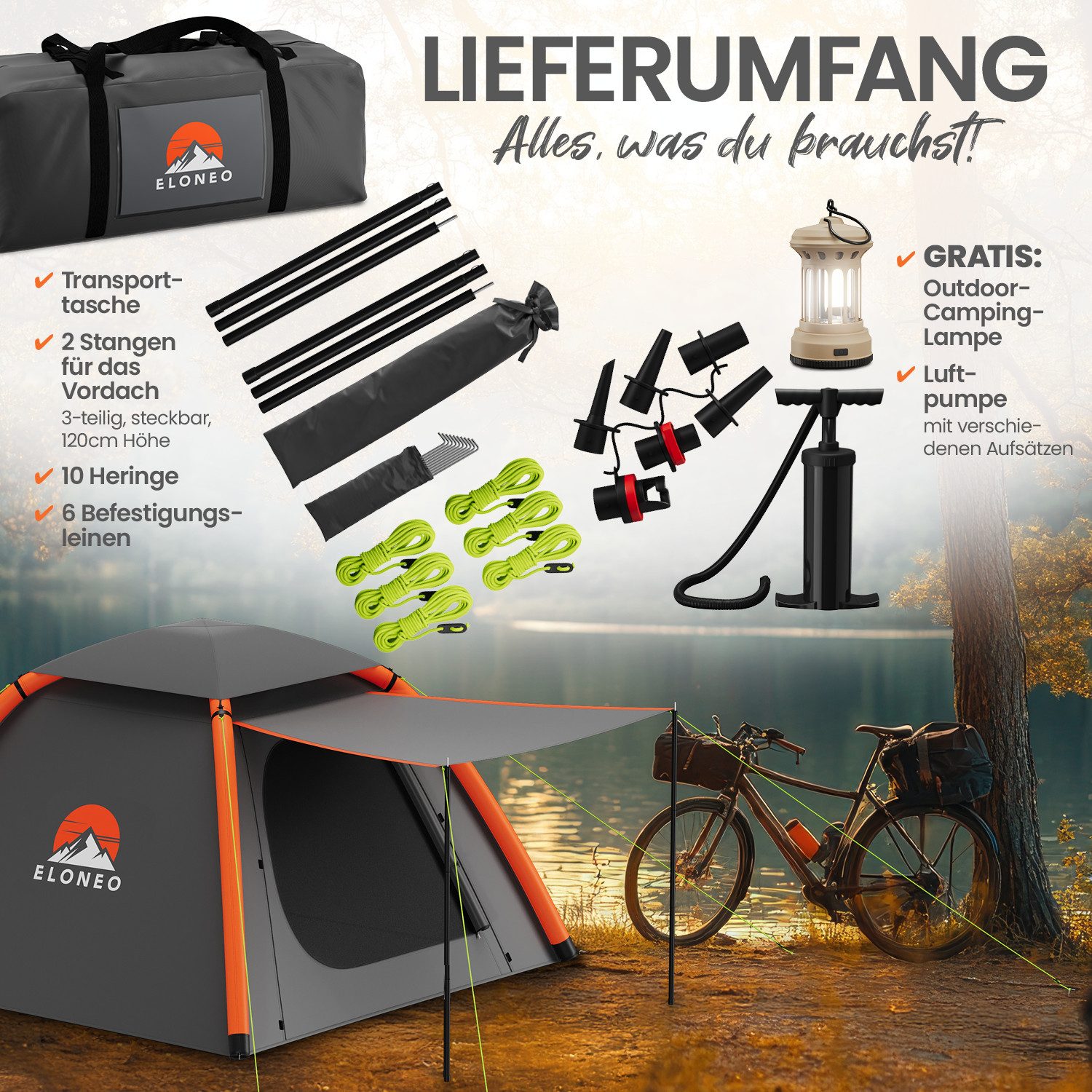ELONEO aufblasbares Zelt mit Vordach & Luftpumpe, 1-4 Personen, Camping Zelt, Luftzelt, Personen: 4, Familienzelt, wasserdicht, ultraleicht, mit Outdoor Licht/L – Bild 4 von 5