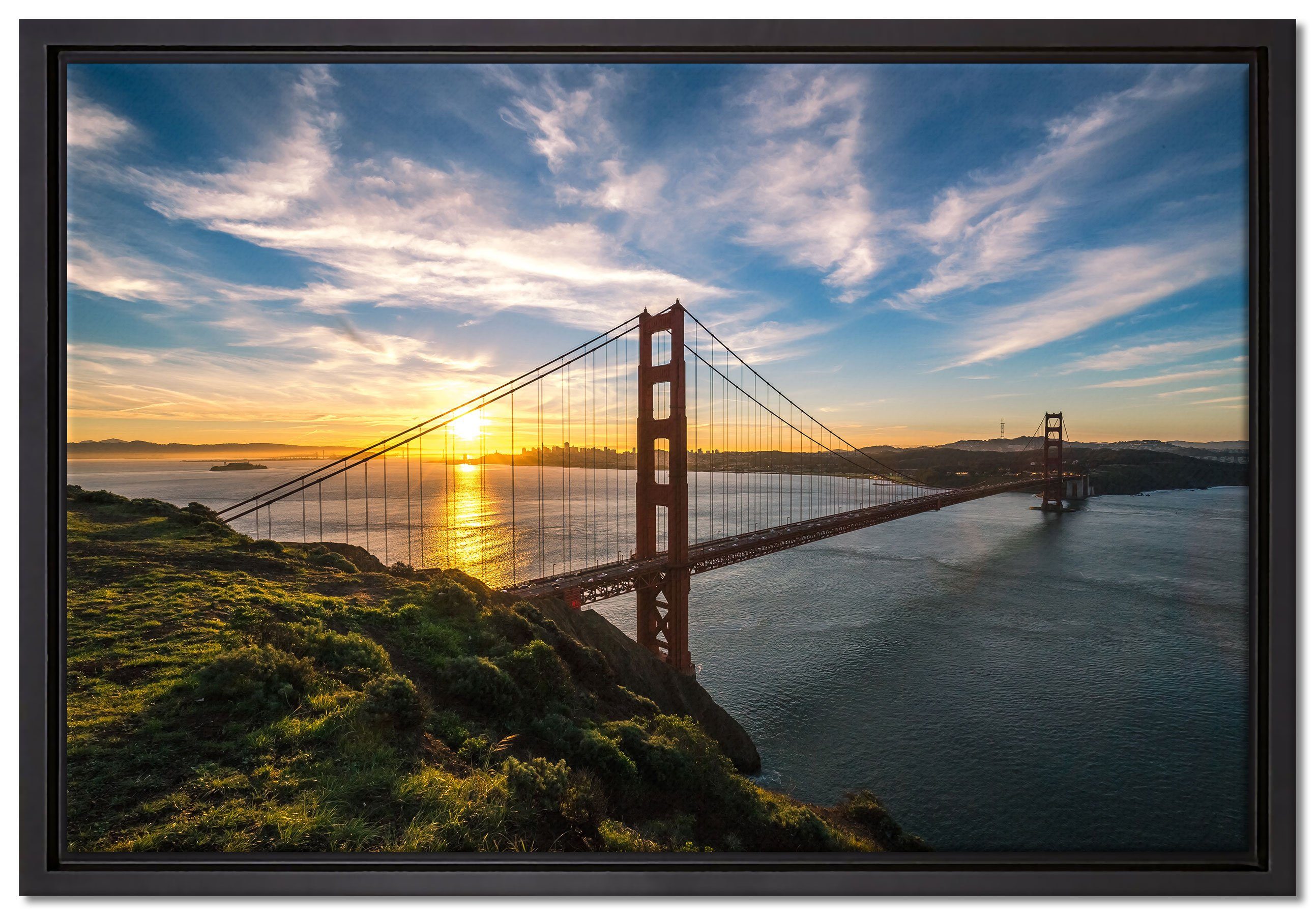 Pixxprint Leinwandbild Golden Gate Bridge, Wanddekoration (1 St), Leinwandbild fertig bespannt, in einem Schattenfugen-Bilderrahmen gefasst, inkl. Zackenaufhänger
