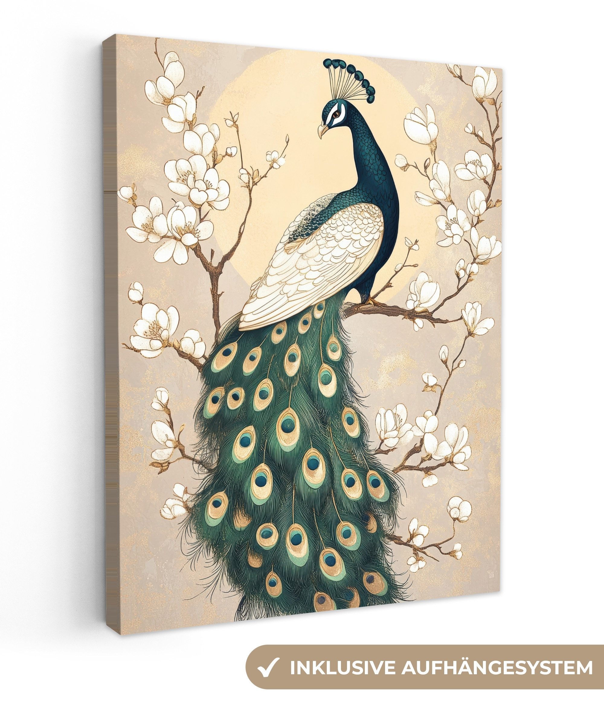 OneMillionCanvasses® Leinwandbild Pfau - Zweig - Blumen, Fotodruck (1 St), Leinwand Bilder für Wohnzimmer Schlafzimmer 50x70 cm