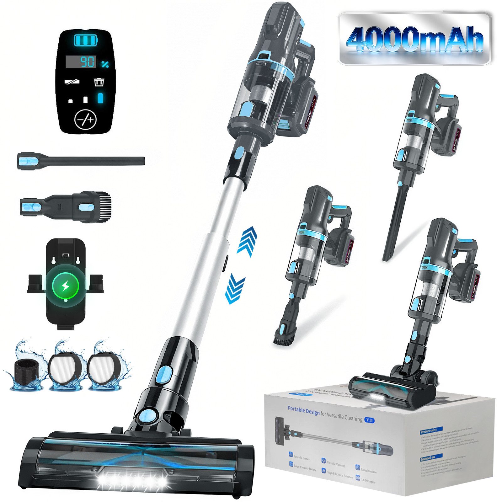 Grenintol Akku-Hand-und Stielstaubsauger Akku Staubsauger,4000mAh/80000pa,Stielstaubsauger Akkusauger UMLO, 500 W, beutellos, umfangreichenZubehor, inkl. Akku und Ladestation