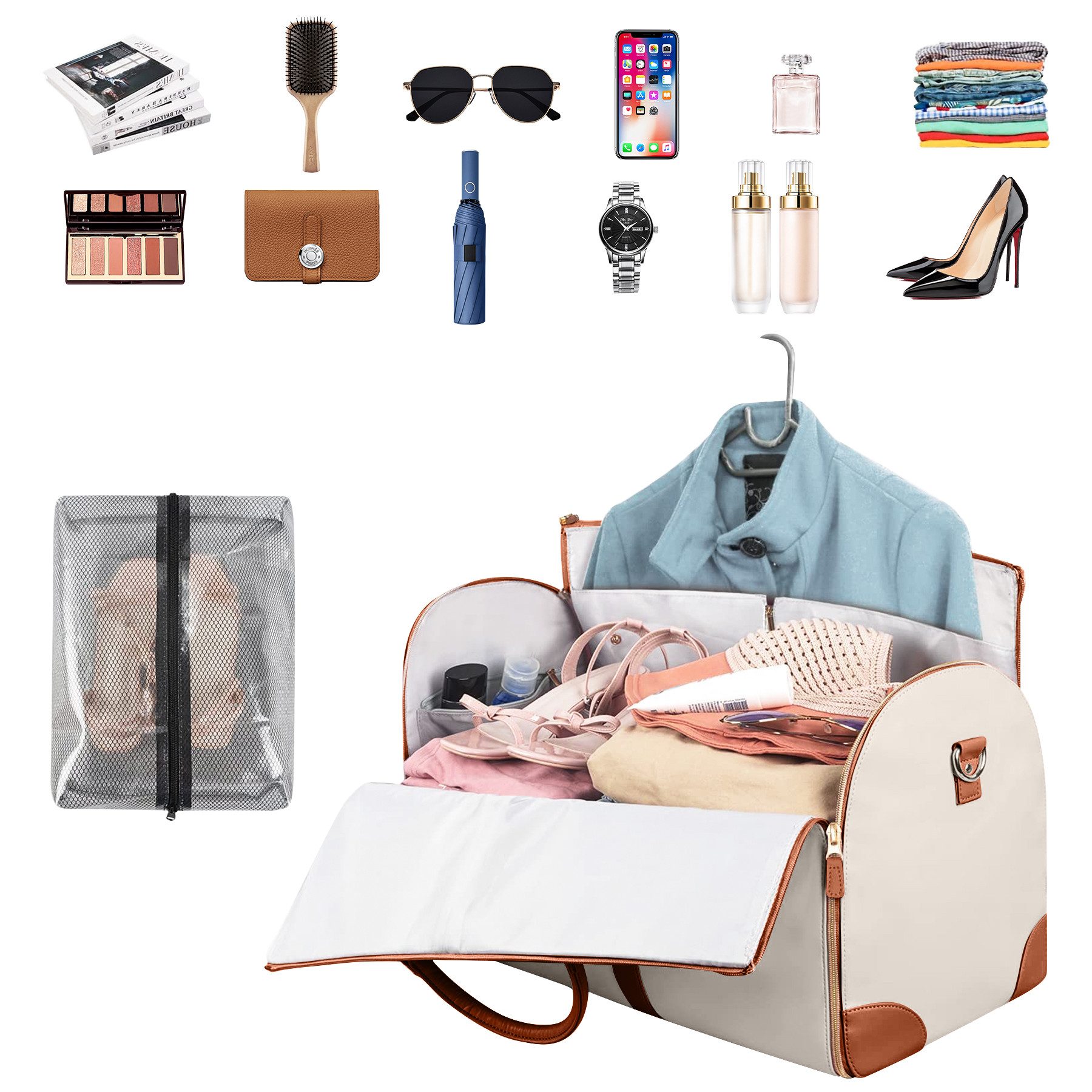 Mutig Reisetasche Reisetasche faltbar, wasserdichter Kleidersack aus Leder (Anzugtasche 2 in 1, hängende Reisetasche mit separatem Schuhbeutel, leicht, Carry-On Garment Duffle Bag, großem Fassungsvermögen, hochwertig), Sporttasche für Reisen, Business und Fitness