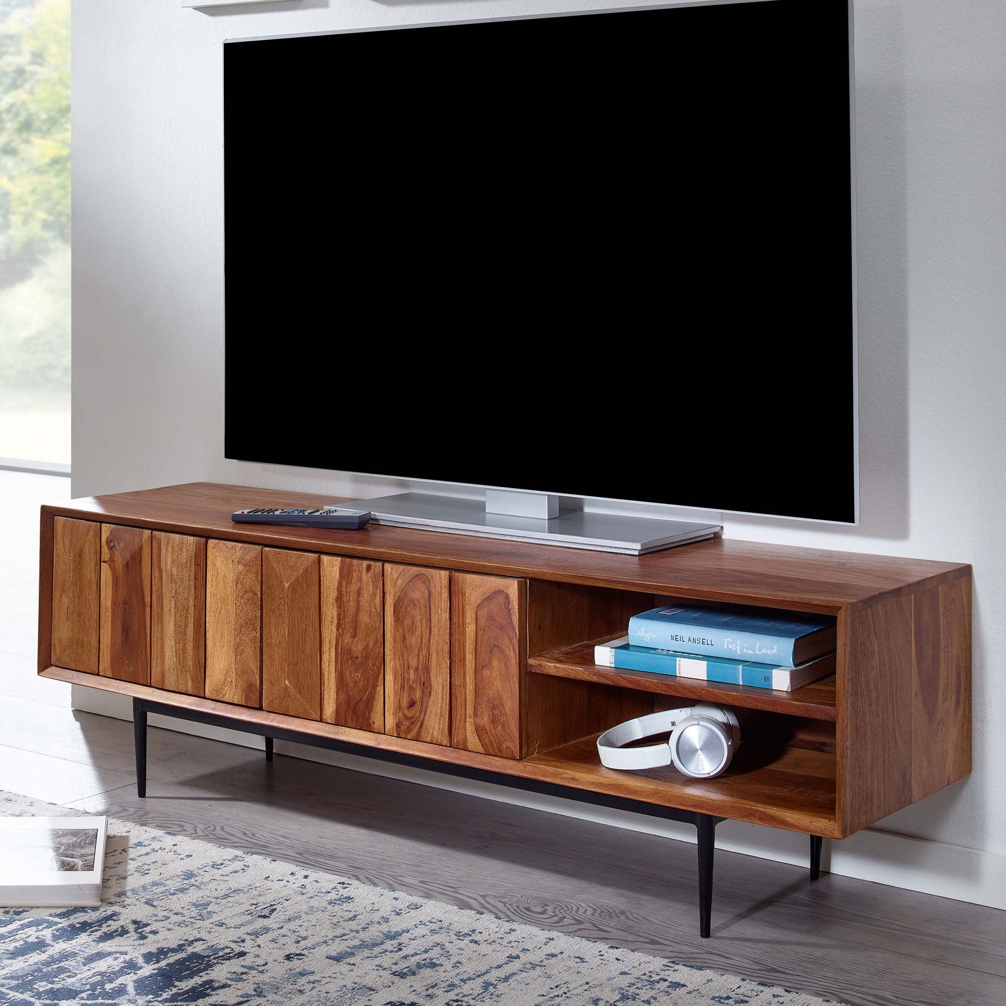 furnicato Lowboard TV-Unterschrank 123x42x35 cm Dunkelbraun Massivholz, Walnuss (1 St), Push-to-open Fernsehschrank mit Kabeldurchlass und Ablagefächern