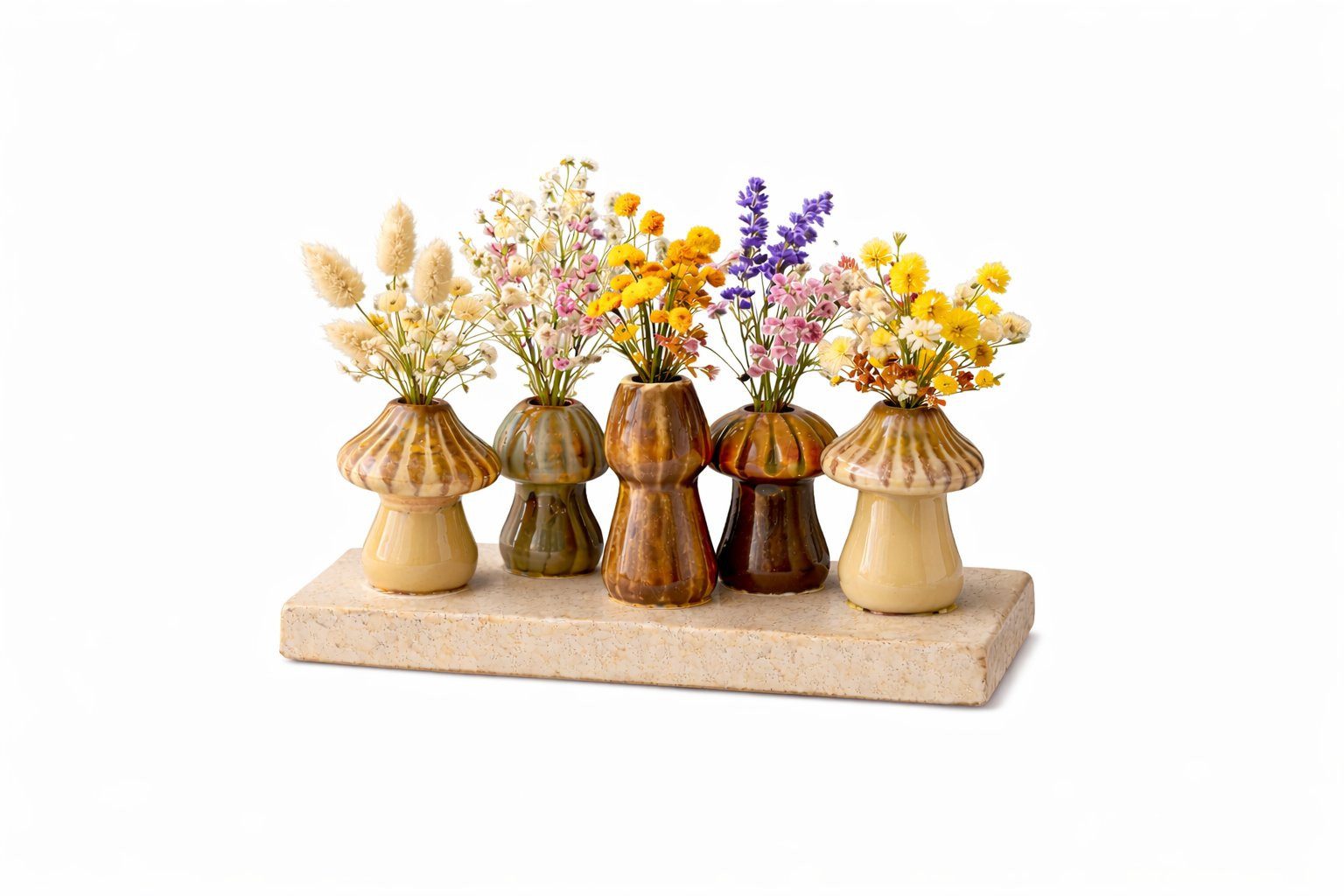 WestCraft Dekovase Handgefertigte kleine Keramik Deko Blumenvasen Set aus 5 Pilz Vasen (1 St), & weiß, dekorative Keramikvasen auf festem Sockel, hübsche Mini Vase