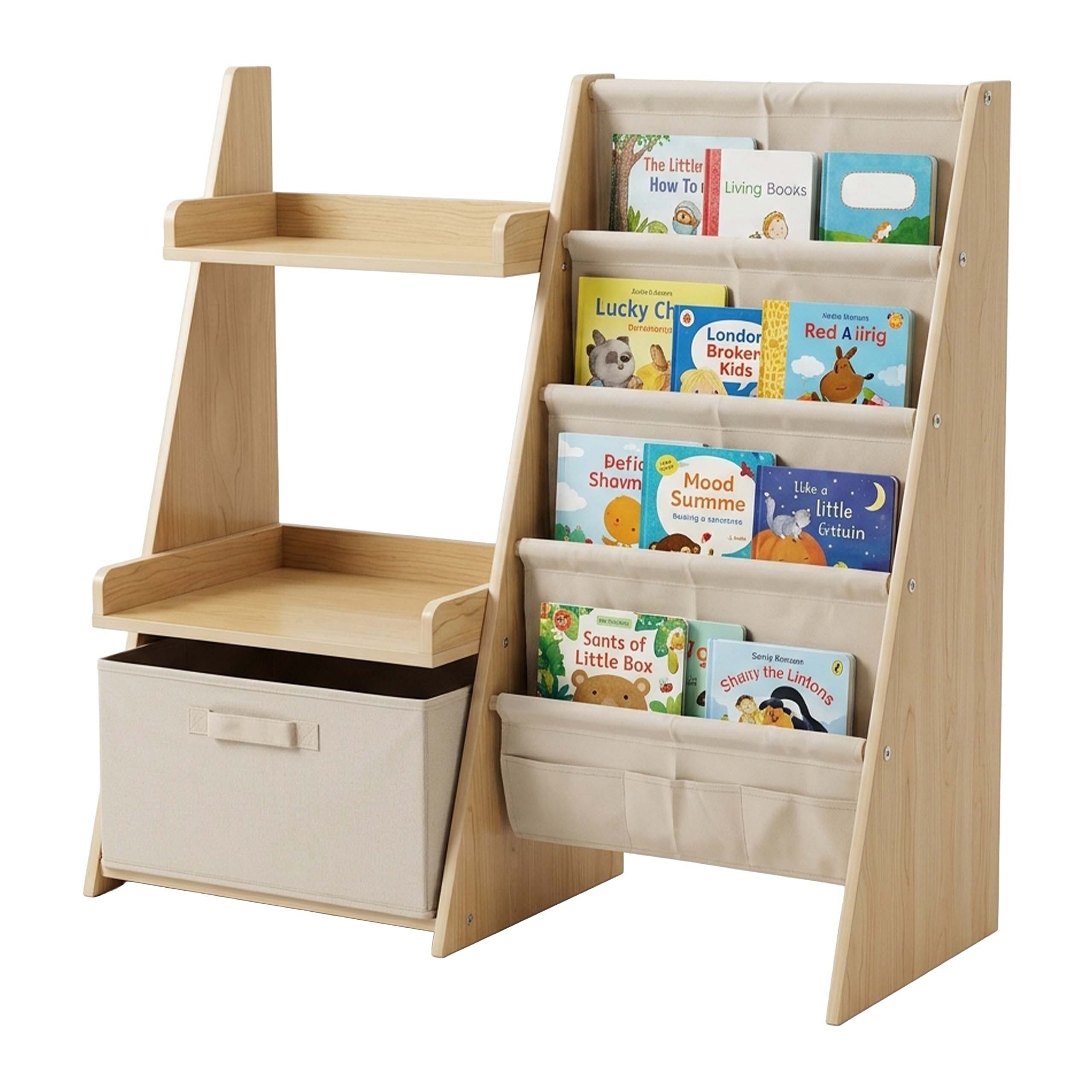 relaxdays Kinderregal Bücherregal Kinder Stofftaschen & Box