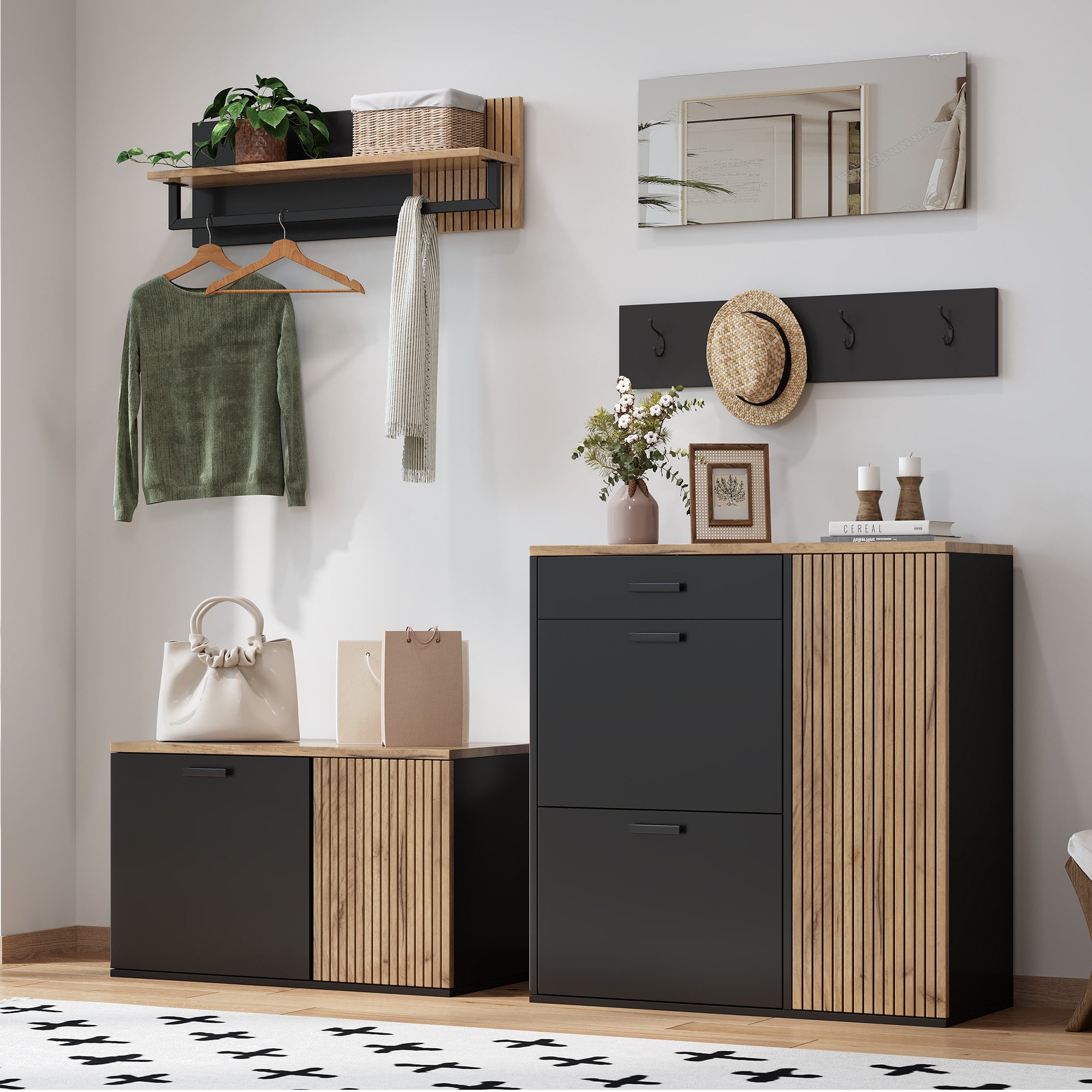 Merax Garderoben-Set 5-teilig Garderobenschrank in Holz/Schwarz, günstig online kaufen