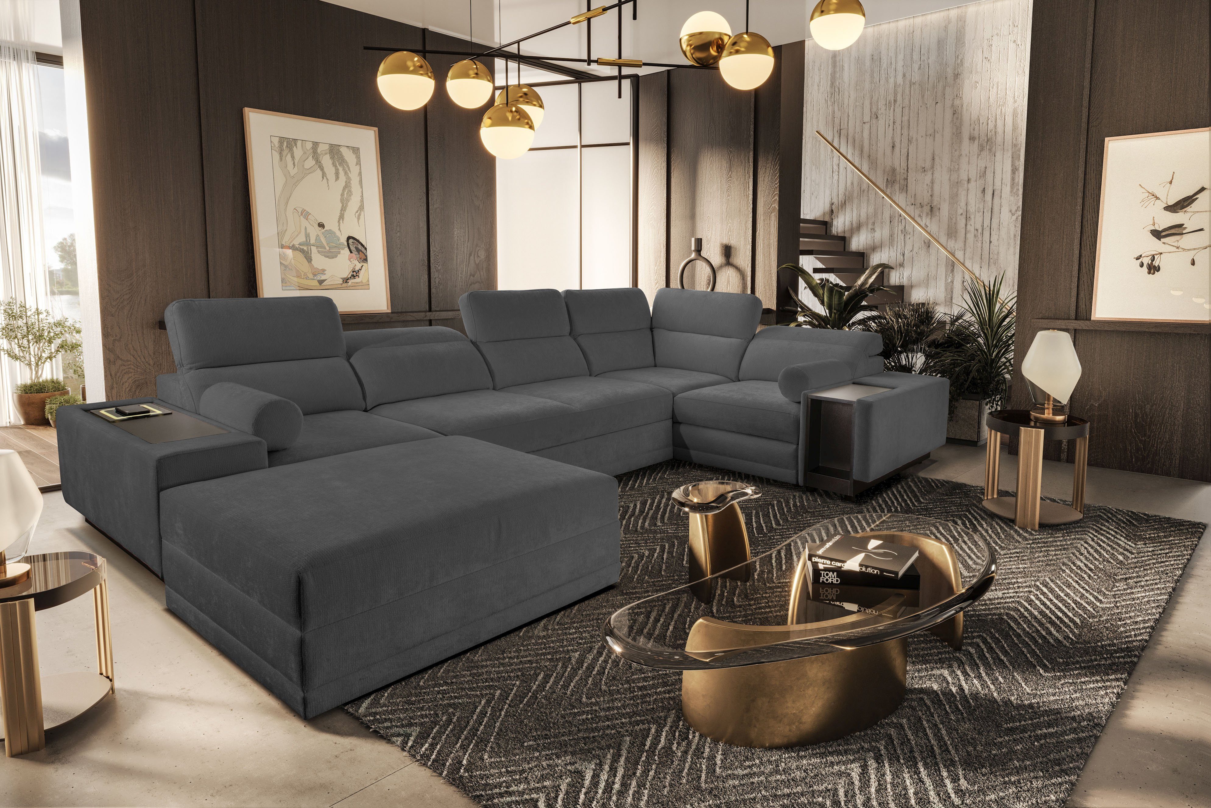 Möbel für Dich Wohnlandschaft Enzo 4 – in U-Form mit kabelloser Smartphone‑Ladestation, mit Schlaffunktion, Hocker, 2 Bettkästen und verstellbaren Kopfstützen