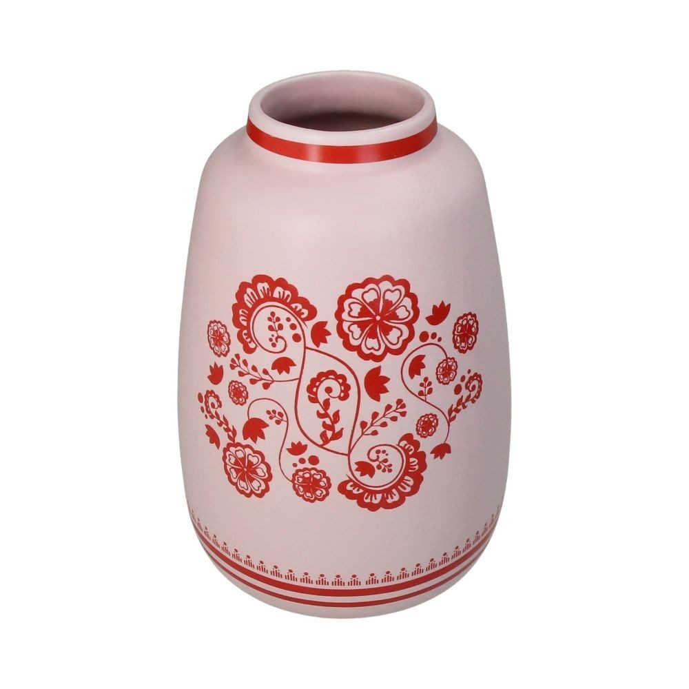 Kersten BV Dekovase Vase Steingut - Skandi Folk Blumen, Rot (1 St), 14,4 x 14,4 x 21,9 cm