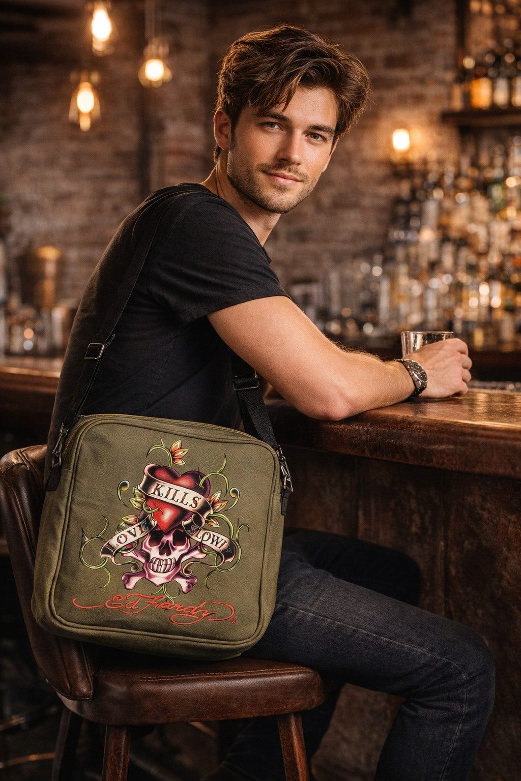 Ed Hardy Schultertasche Ed Hardy Schultertasche, Umhängetasche, Postmanbag "Skull", oliv-grün