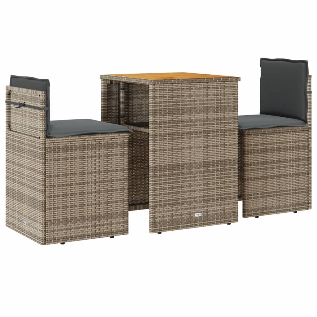 vidaXL Gartenlounge-Set 3-tlg. Bistro-Set mit Kissen Grau Poly Rattan, (1-tlg)