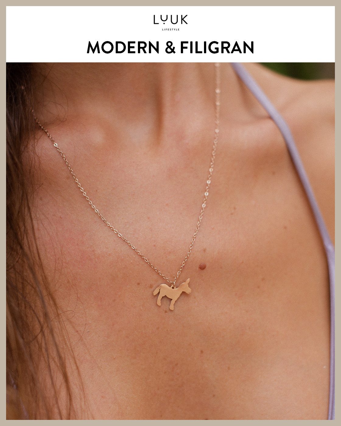 LUUK LIFESTYLE Kette mit Anhänger Esel, mit HAPPINESS Spruchkarte, zeitlos