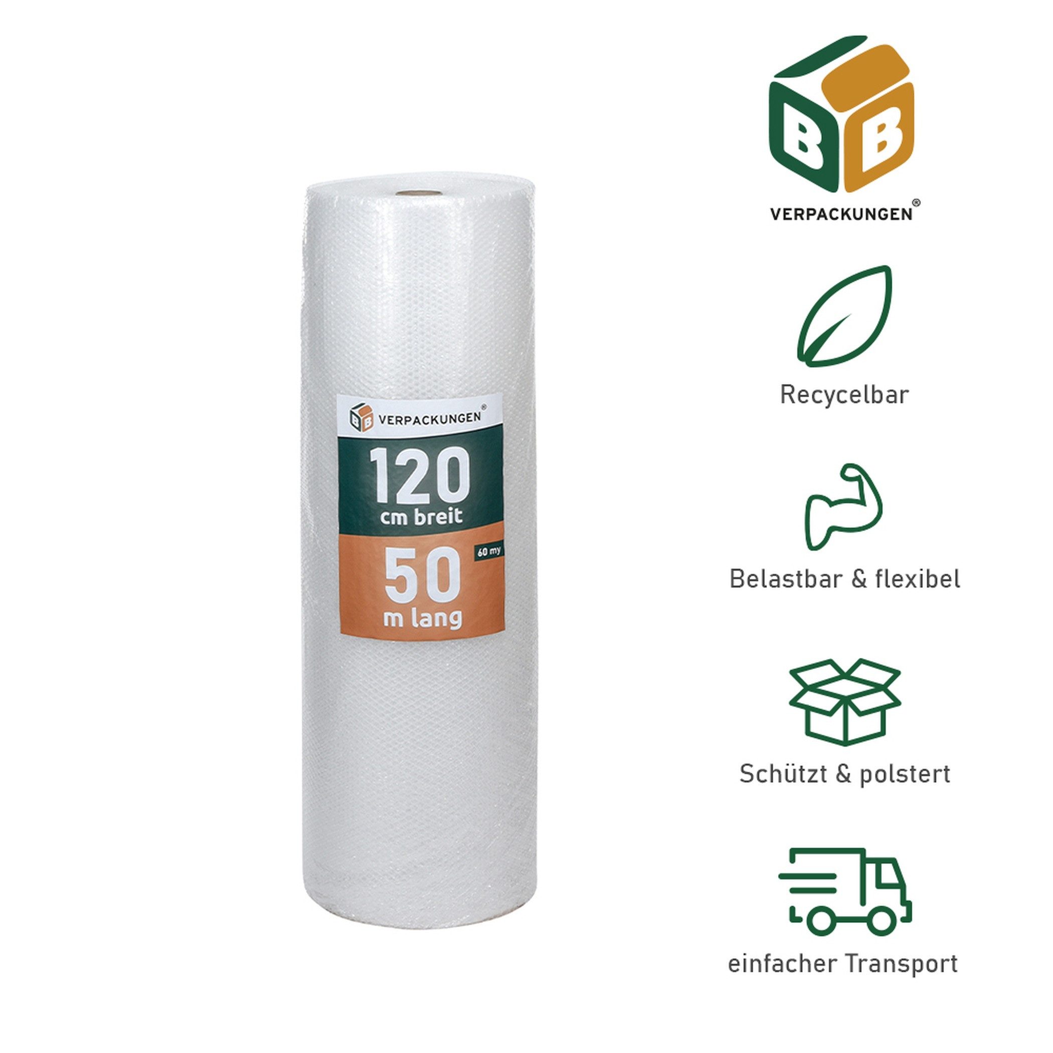 BB-Verpackungen Schutzfolie Luftpolsterfolie (1,2 x 50 m) 2-lagig 60 my, (1-St), 2-lagig, 1,2 x 50 m, 60 my