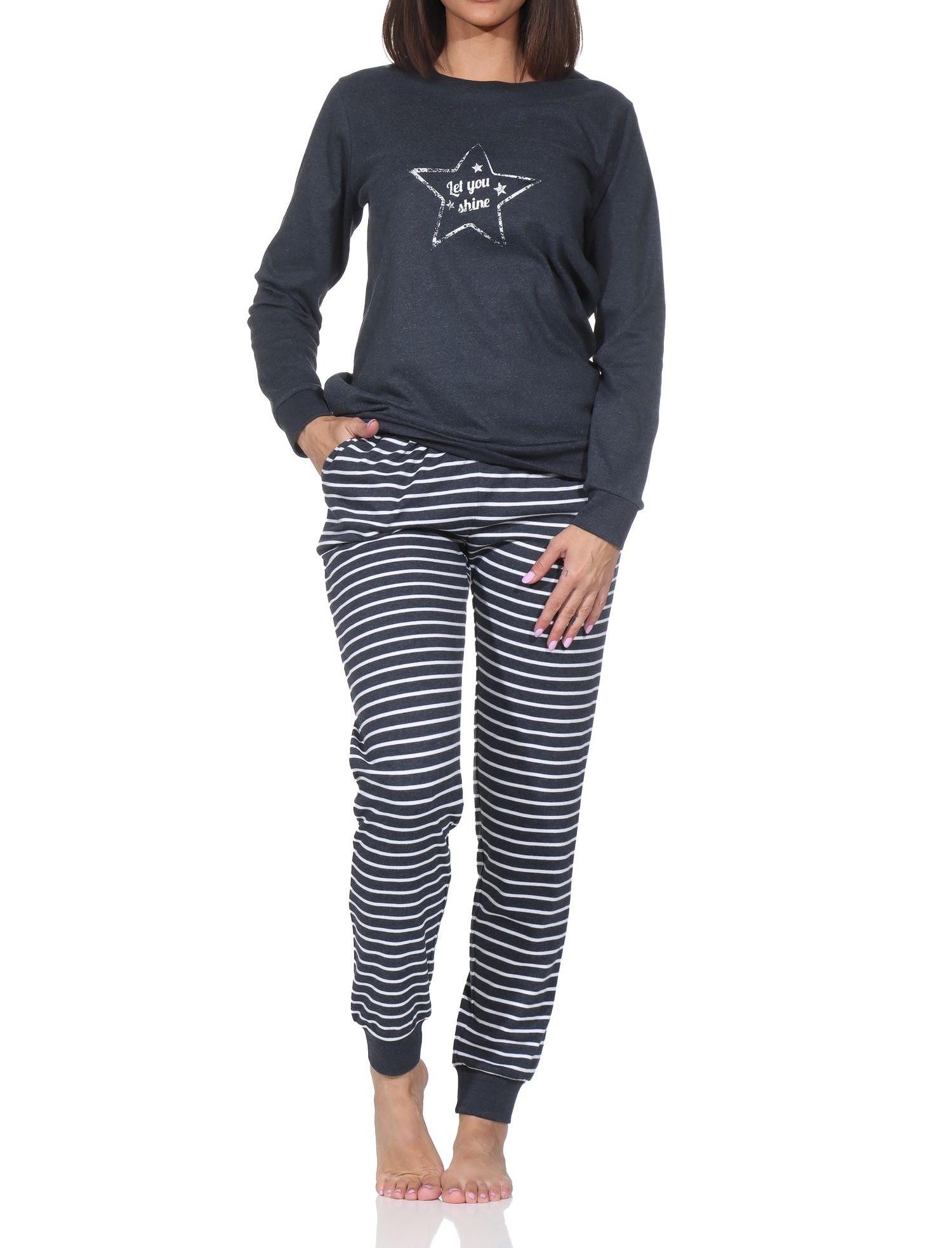 Normann Pyjama Kuscheliger Damen Schlafanzug lang mit Bündchen und Stern Motiv