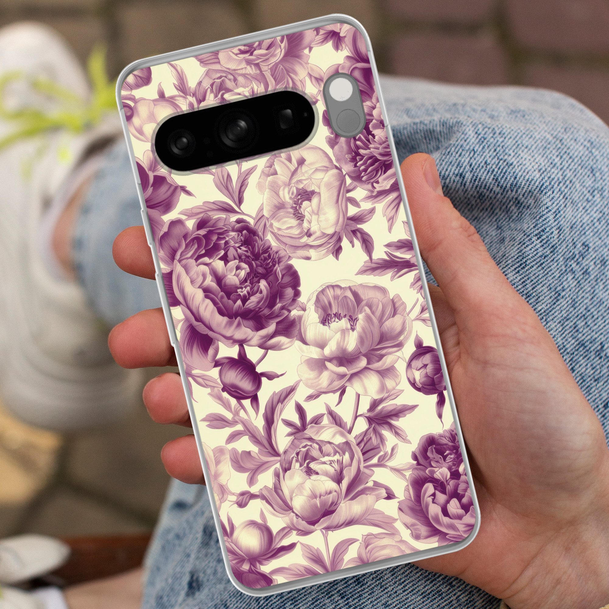 MuchoWow Handyhülle für Google Pixel 8 Pro Blumen - Muster - Lila - Beige, Phone Case, Silikon, Schutzhülle Dünn