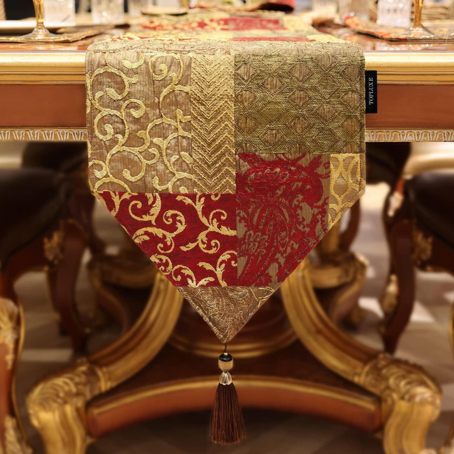LuxusKollektion Tischläufer Tischläufer Jacquard Quasten Goldrot 33x228cm (1-tlg)